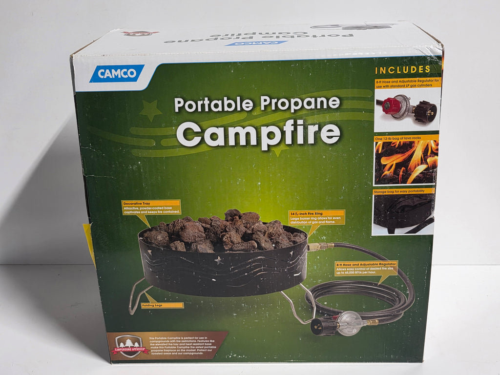 Camco Portable Propane Campfire with Lava Rocks and Hose Outdoor Gas Fire Pit Set