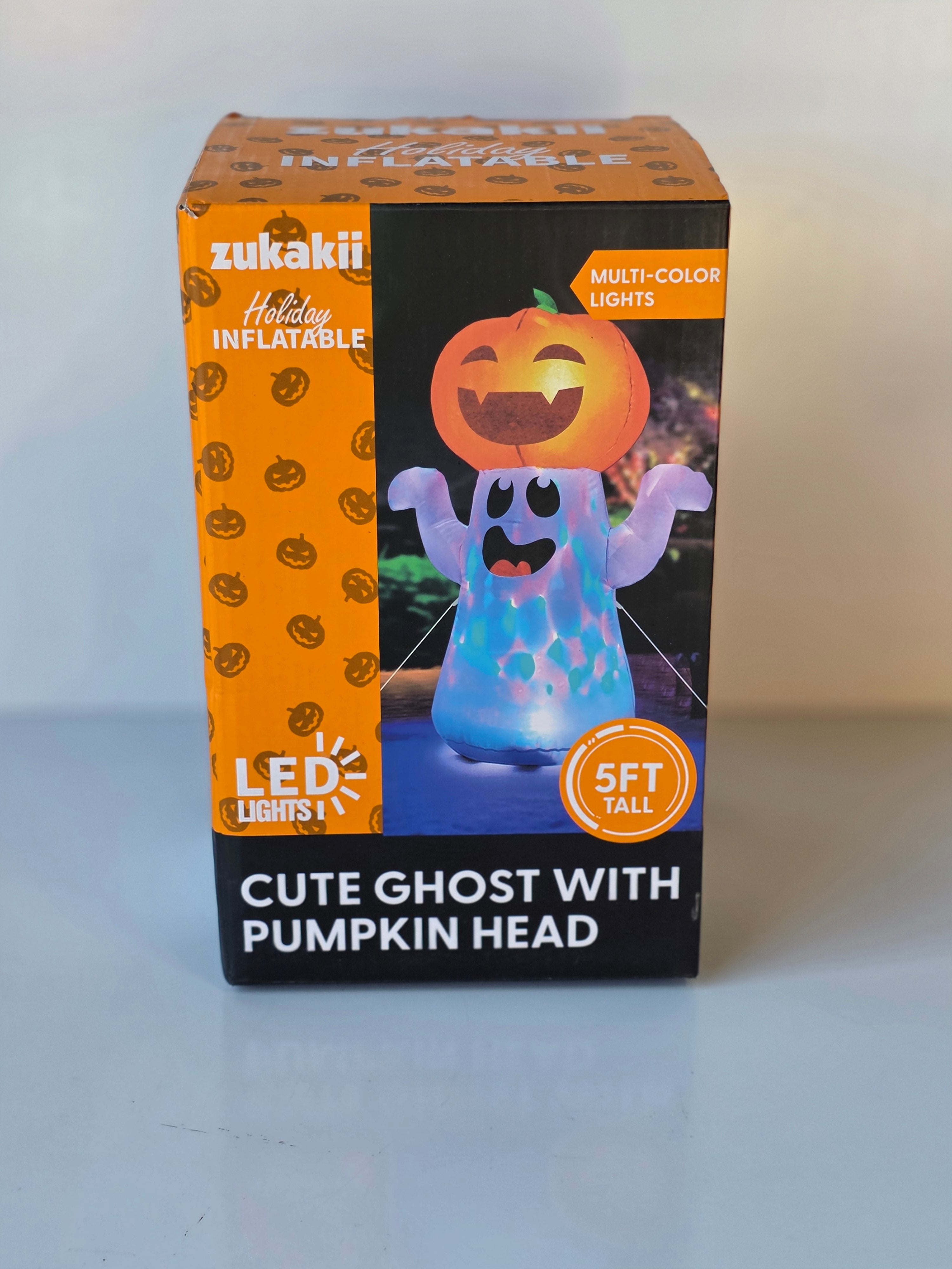 Zukakii 5ft LED Halloween Inflatable Cute Ghost with Pumpkin Head Multi-Color Lights