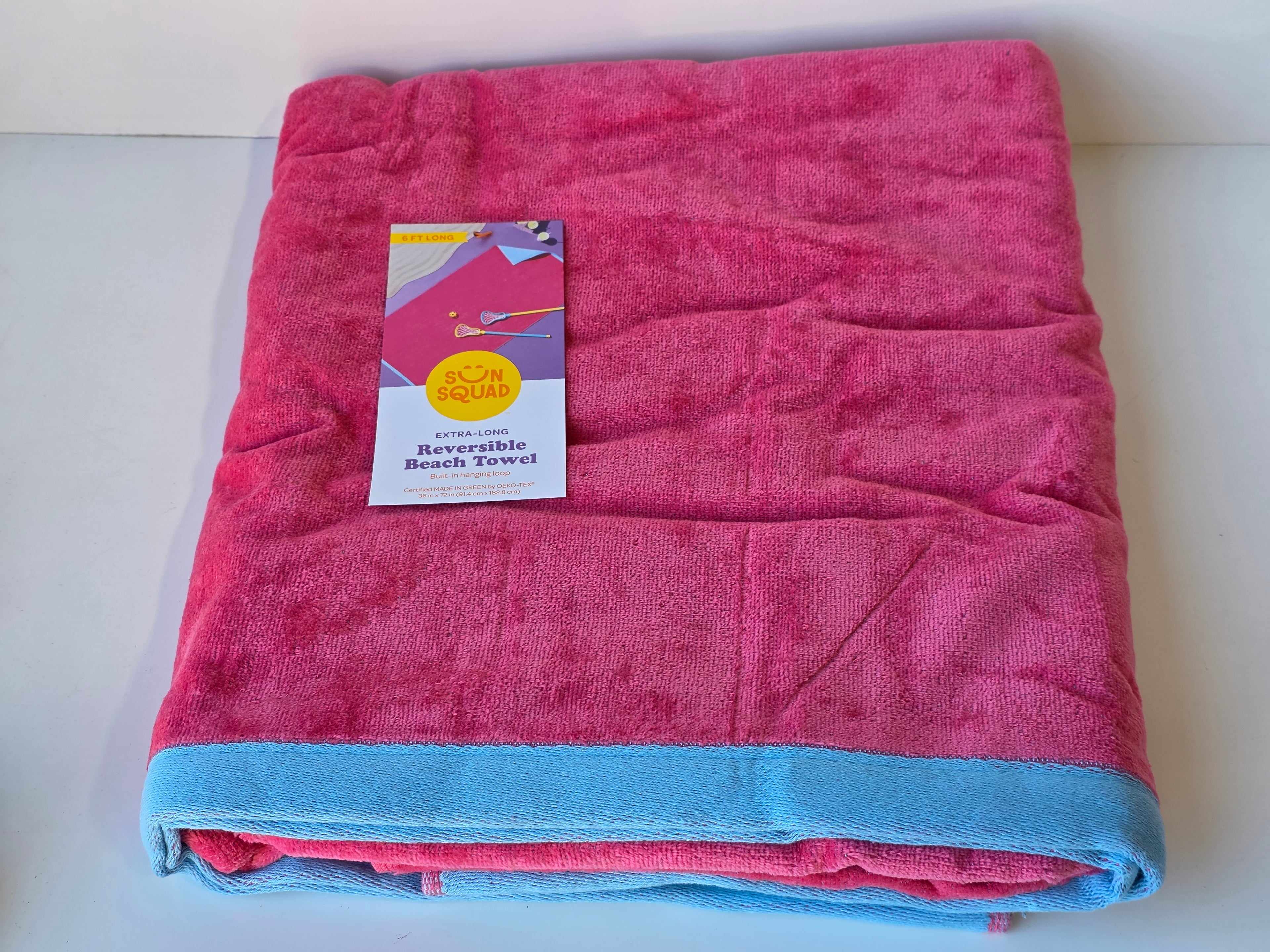 Sun Squad Extra-Long Reversible Beach Towel Pink and Blue 100% Cotton 6ft OEKO-TEX Certified