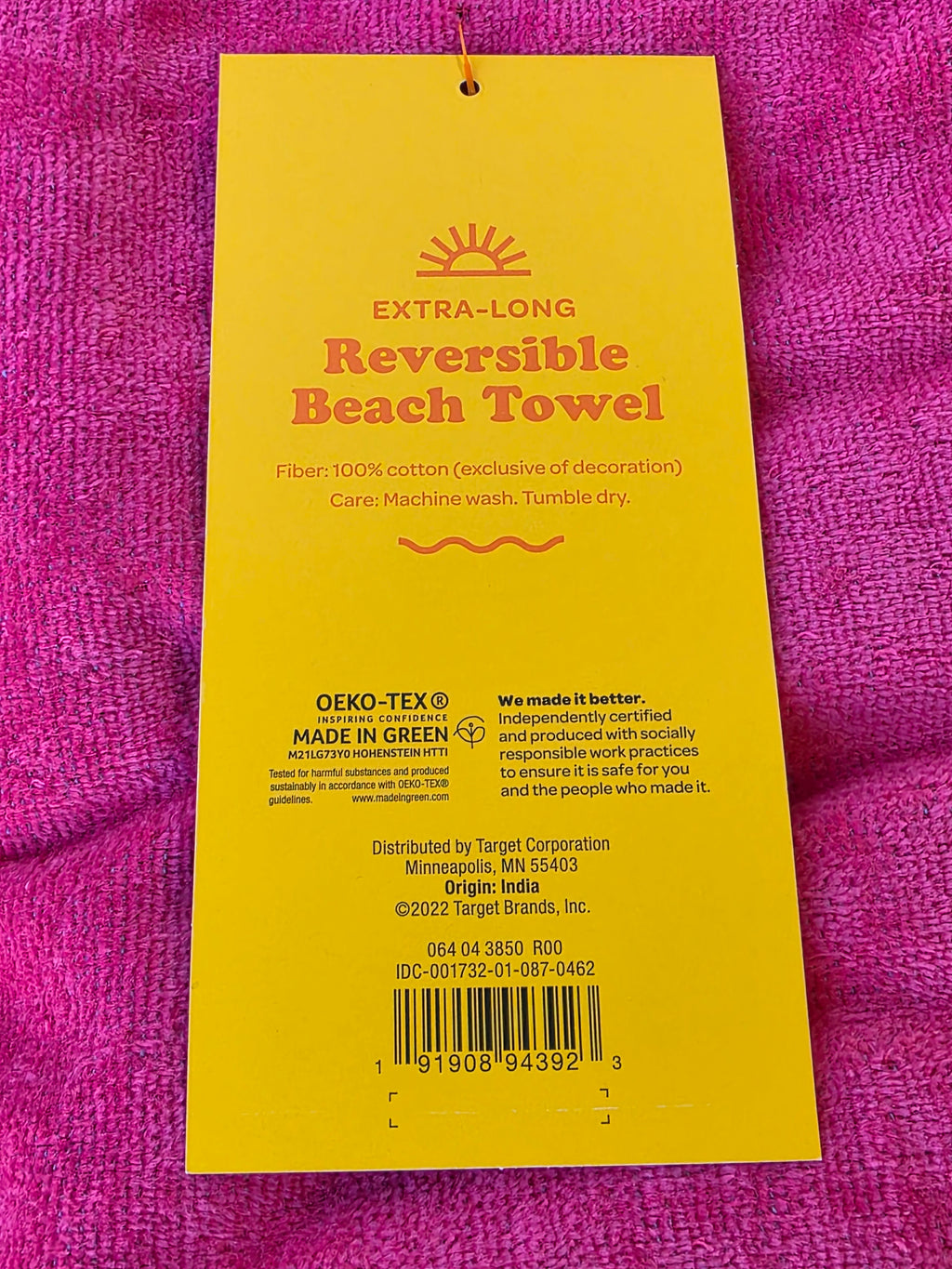 Sun Squad Extra-Long Reversible Beach Towel Pink and Blue 100% Cotton 6ft OEKO-TEX Certified