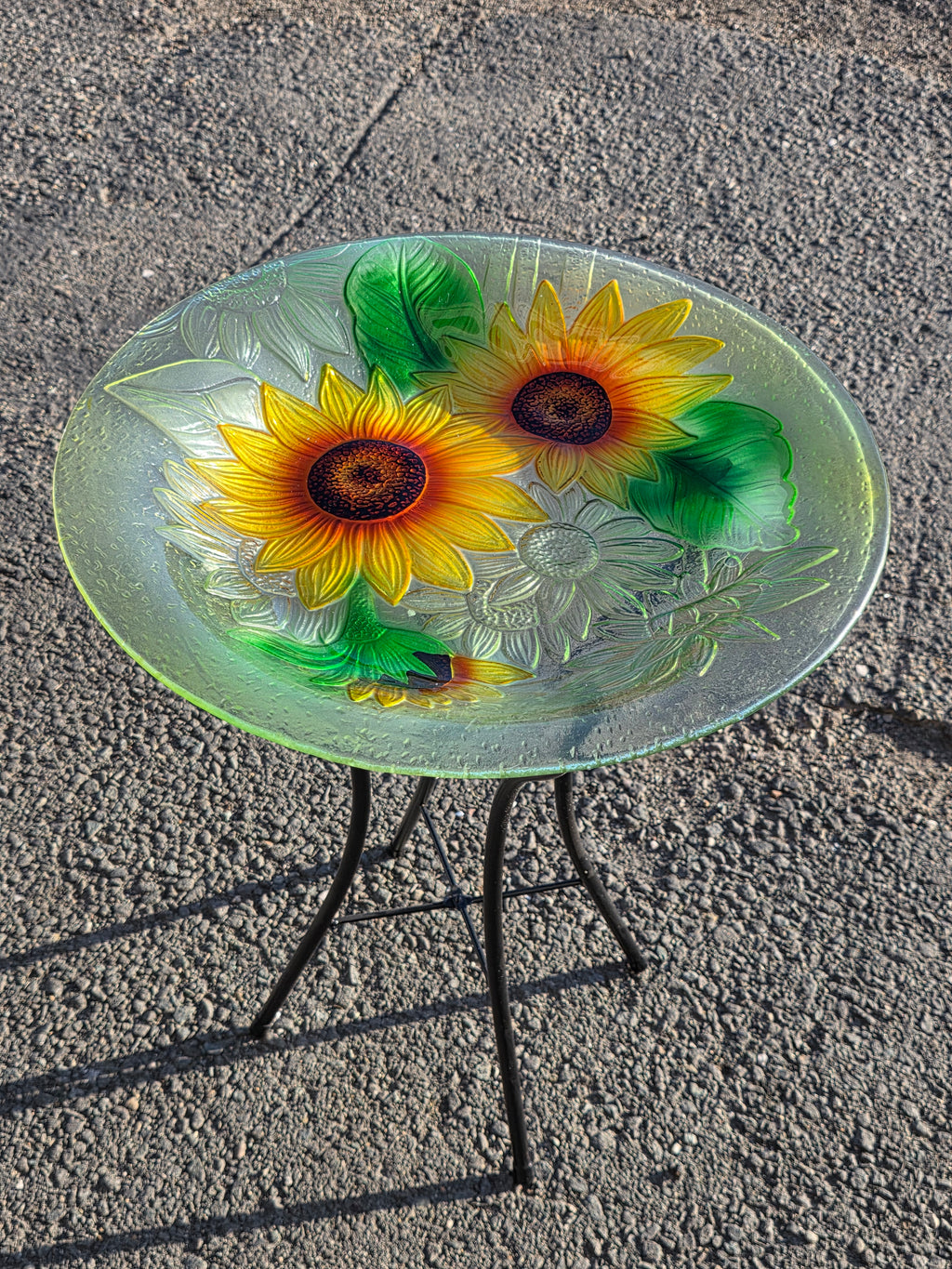 Sunflower Glass Bird Bath with Metal Stand Hand-Painted Garden Decor