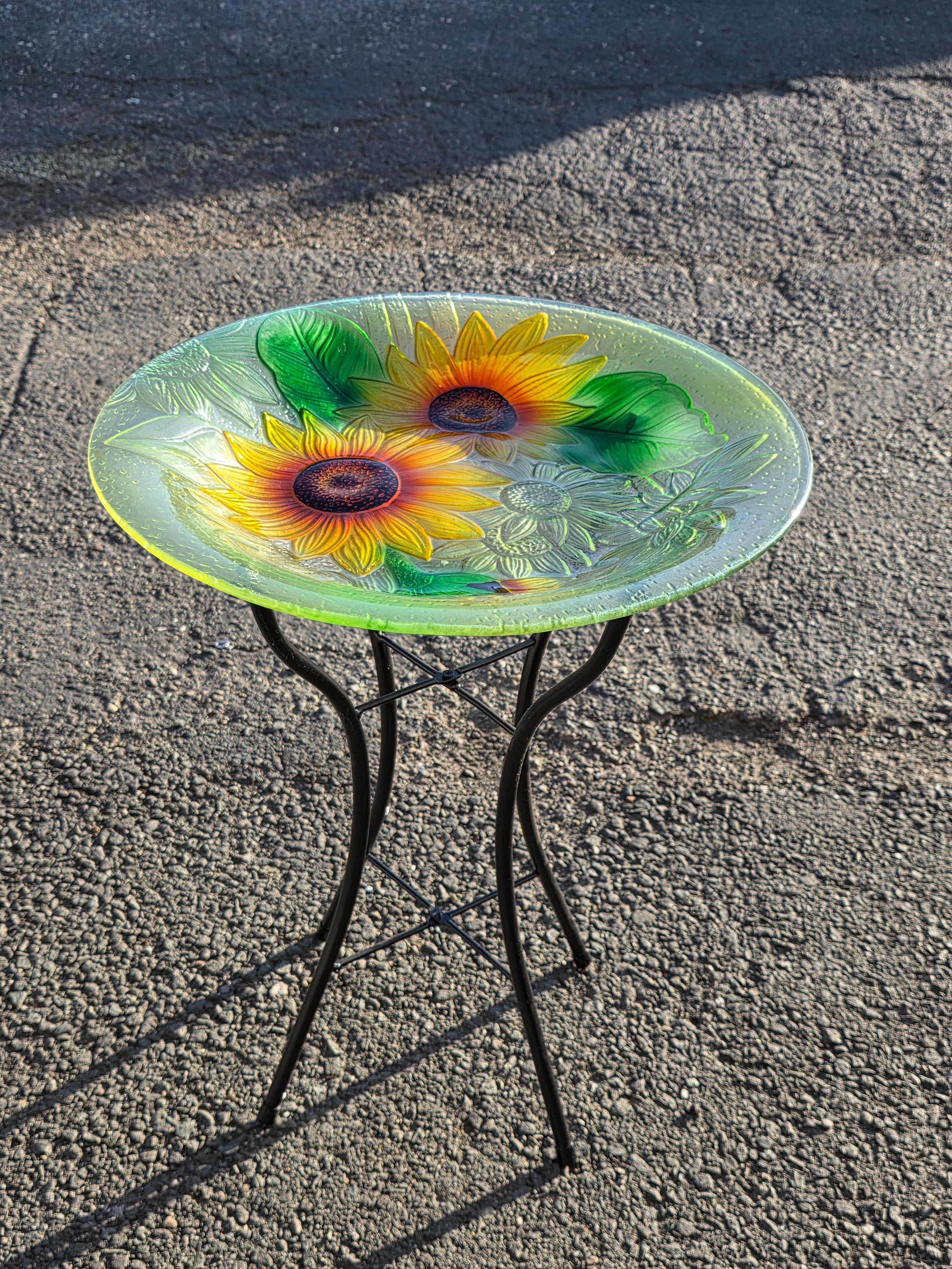 Sunflower Glass Bird Bath with Metal Stand Hand-Painted Garden Decor