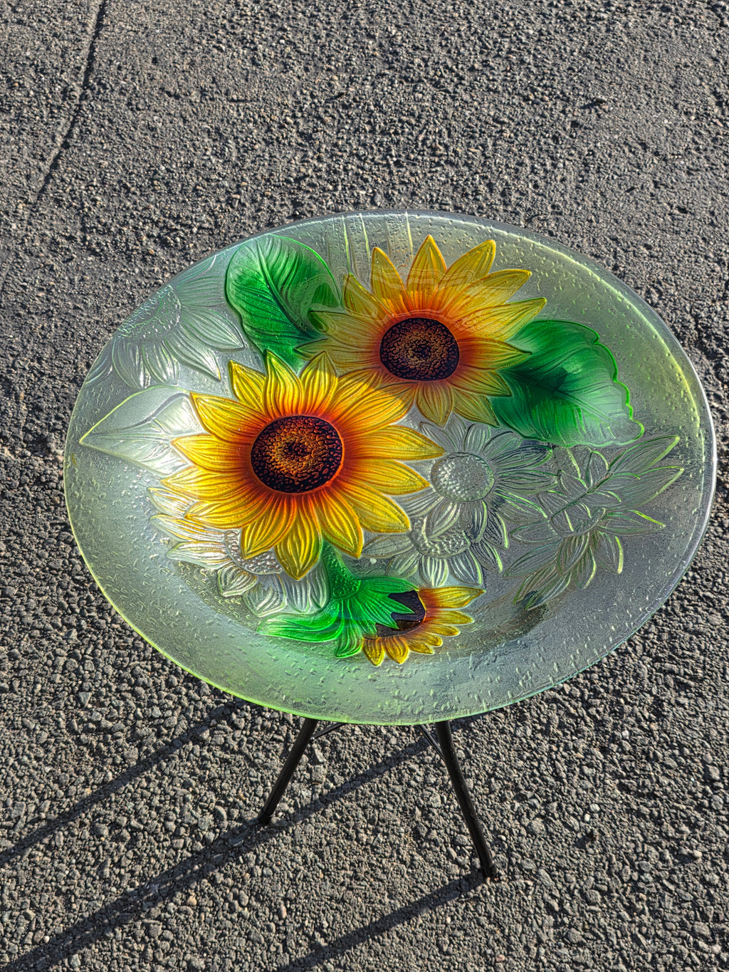 Sunflower Glass Bird Bath with Metal Stand Hand-Painted Garden Decor