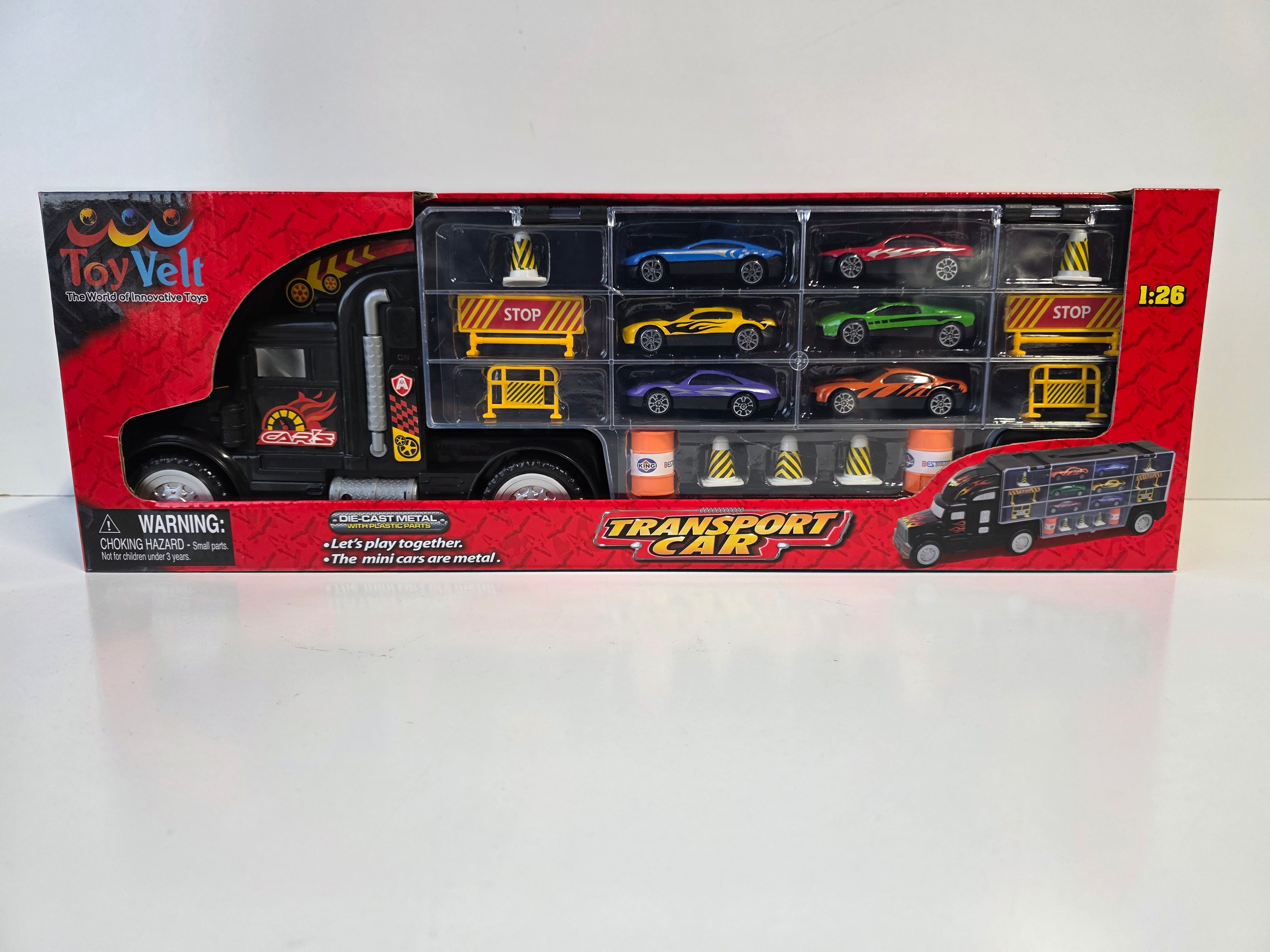 Toy Truck Transport Car Carrier Includes 6 Toy Cars and Accessories - Toy Trucks Fits 28 Toy Cars