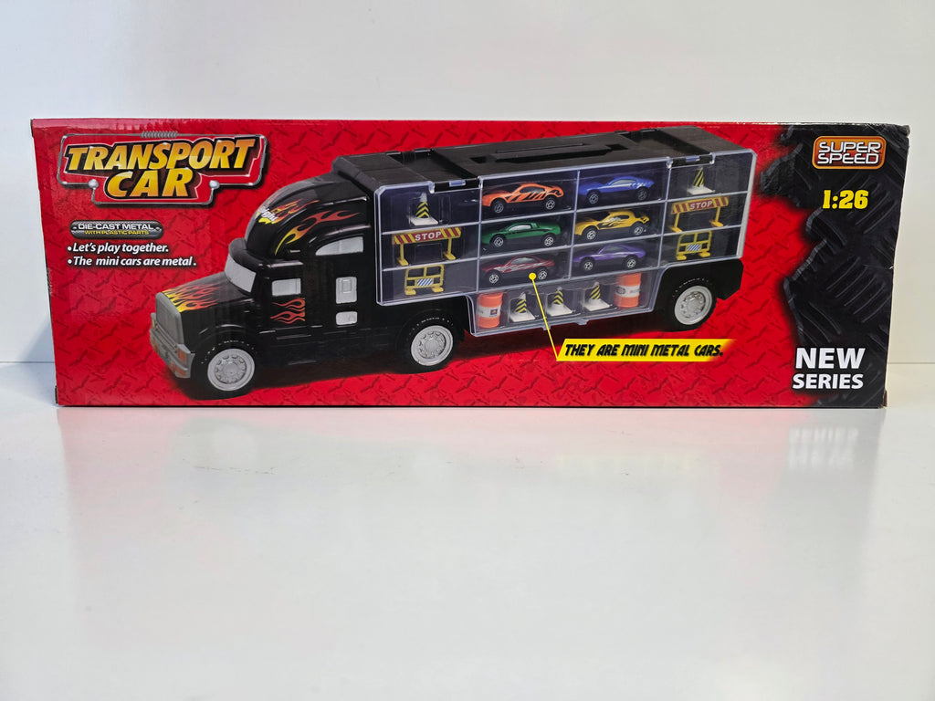 Toy Truck Transport Car Carrier Includes 6 Toy Cars and Accessories - Toy Trucks Fits 28 Toy Cars
