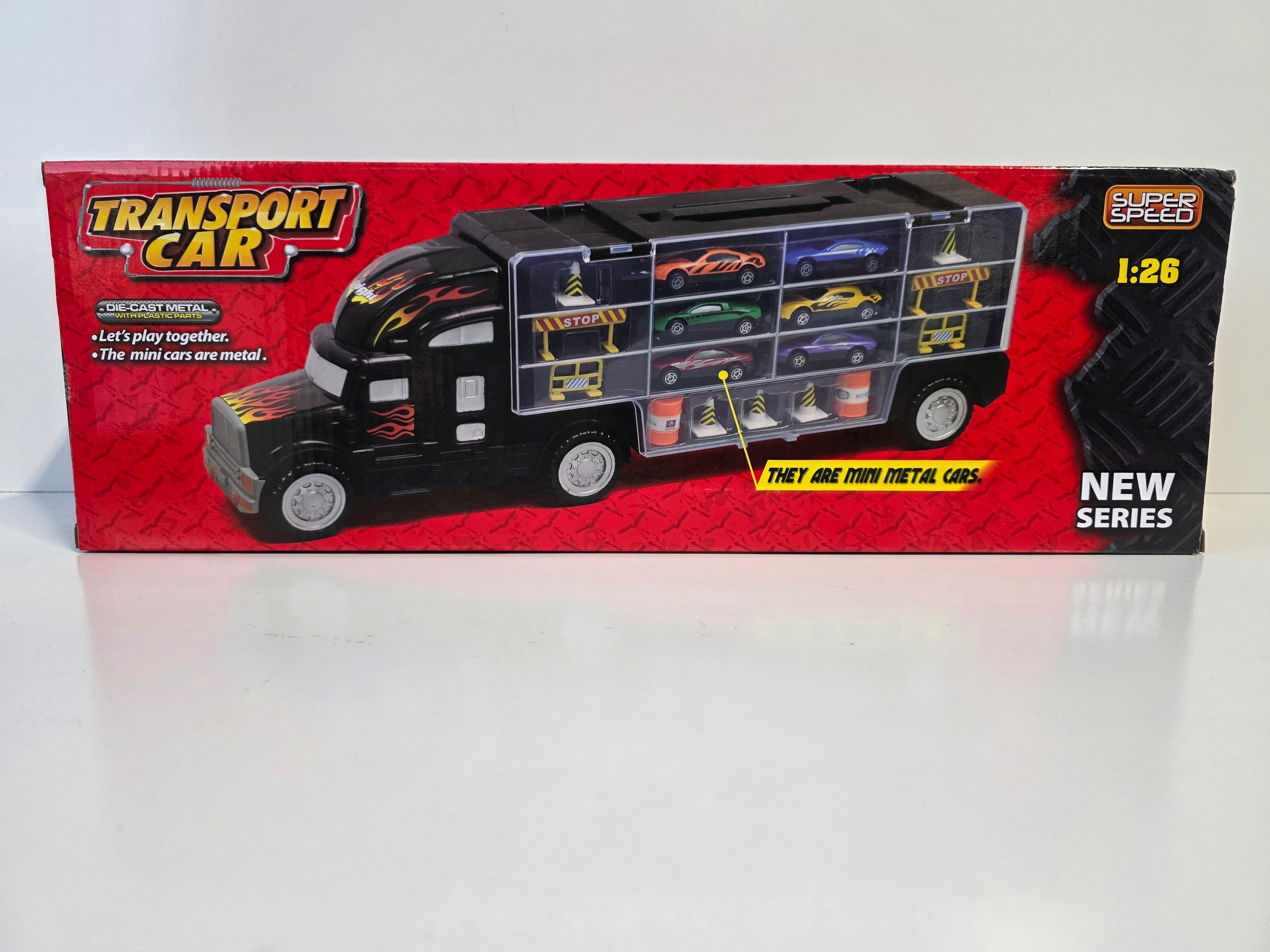 Toy Truck Transport Car Carrier Includes 6 Toy Cars and Accessories - Toy Trucks Fits 28 Toy Cars