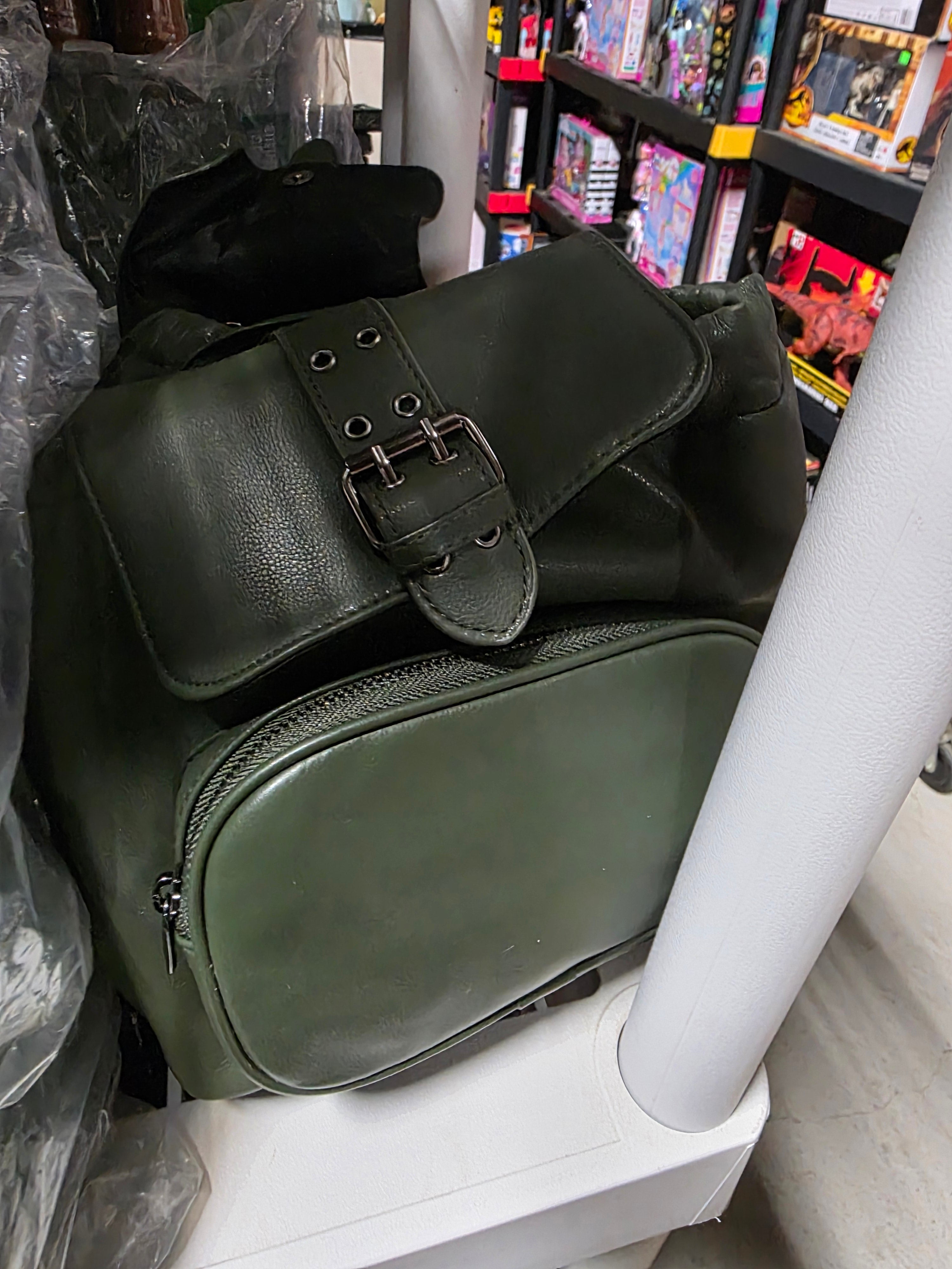 Olive Green Faux Leather Buckle Strap Backpack With Front Zipper Pocket Stylish Bag