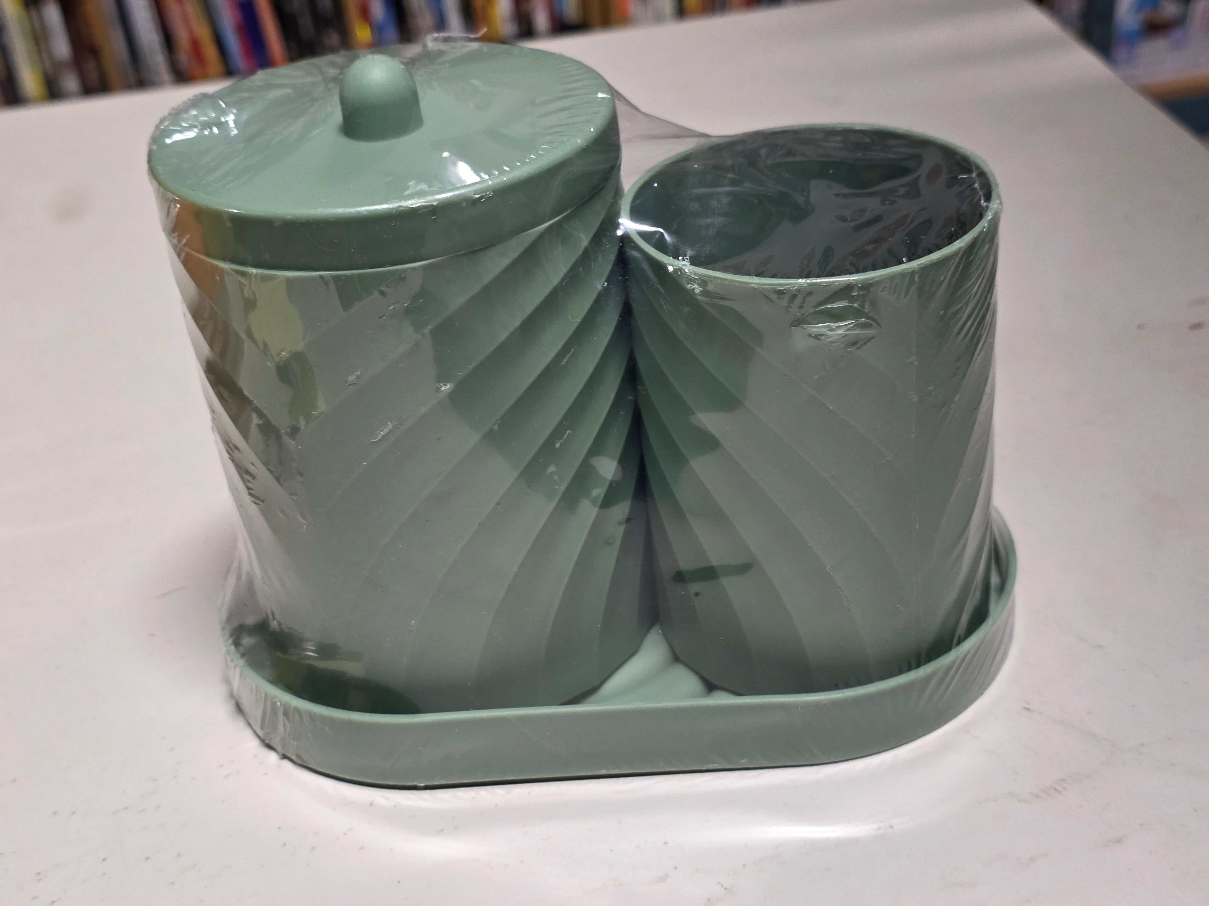 Decorative Plastic Jar and Tray Set Swirl Design 3 Piece Green Home Decor Accent Display