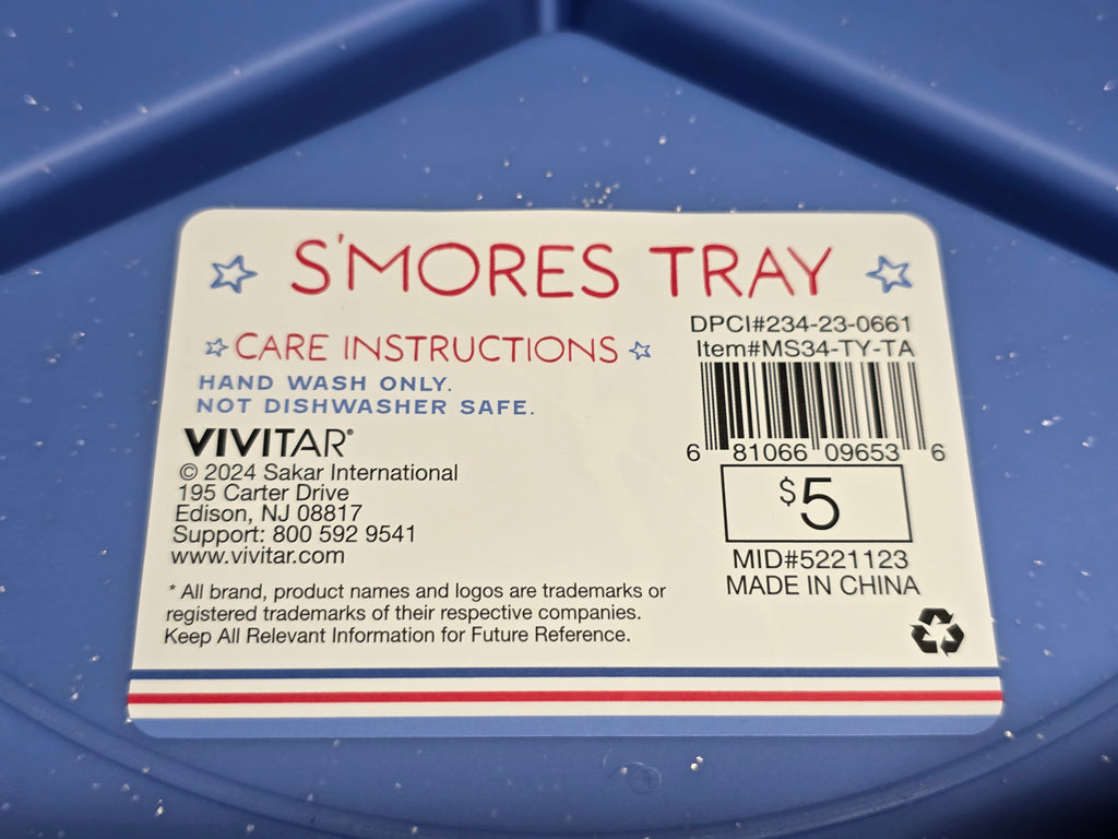 Vivitar Blue S’mores Tray Plastic 3 Section Campfire Treat Organizer Marshmallows Chocolate Cracker Holder