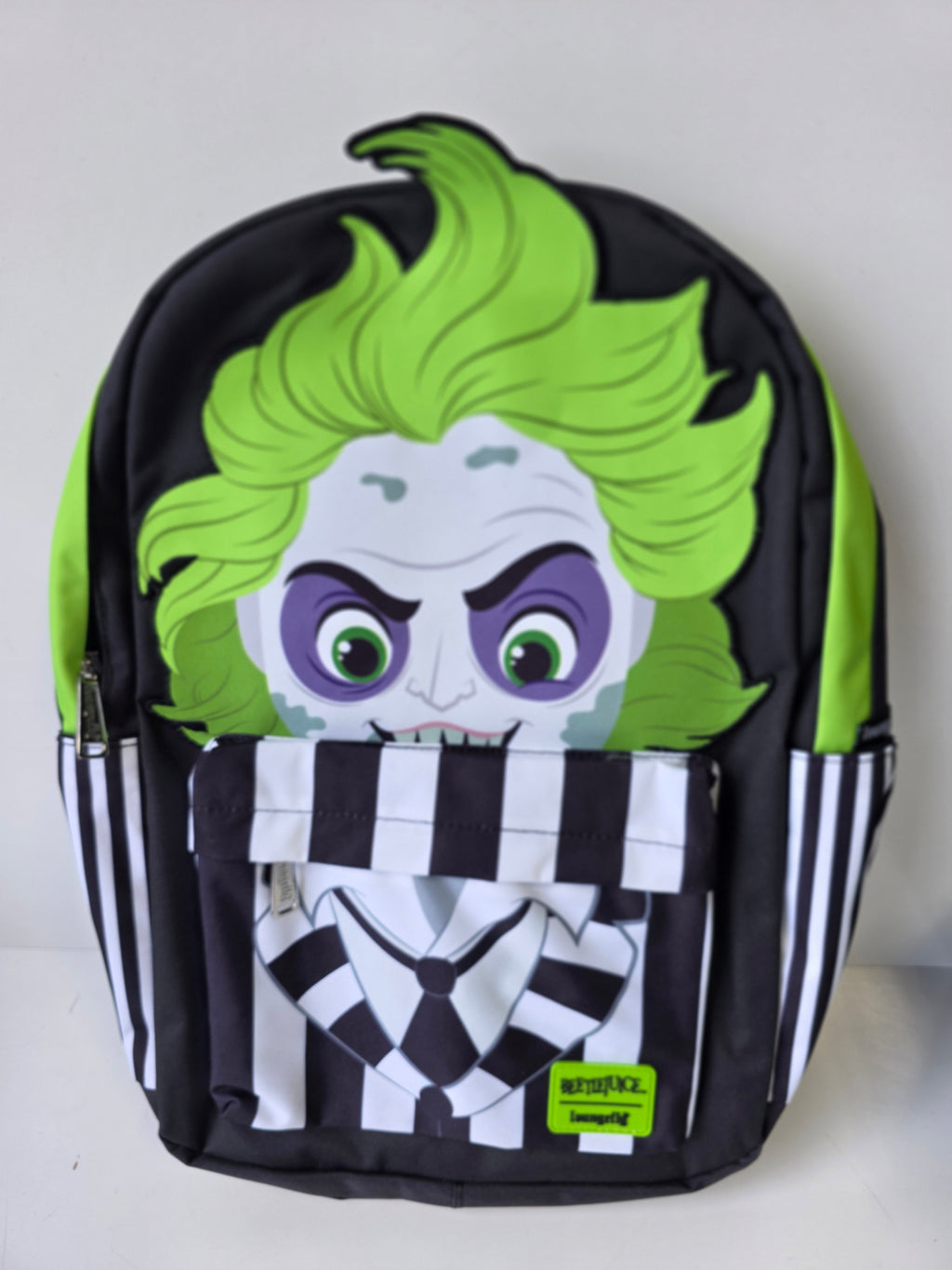 Beetlejuice Character Backpack Black Green Striped School Bag Licensed Loungefly Style