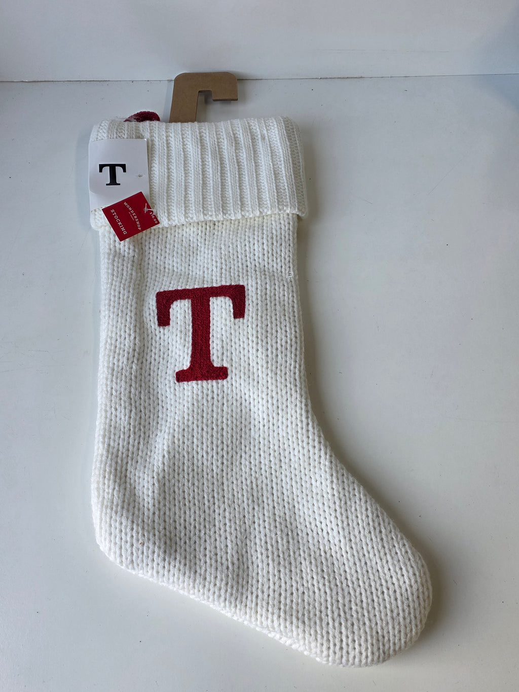 White Knit Christmas Stocking Monogram Letter T Holiday Decor Hanging Fireplace Accent