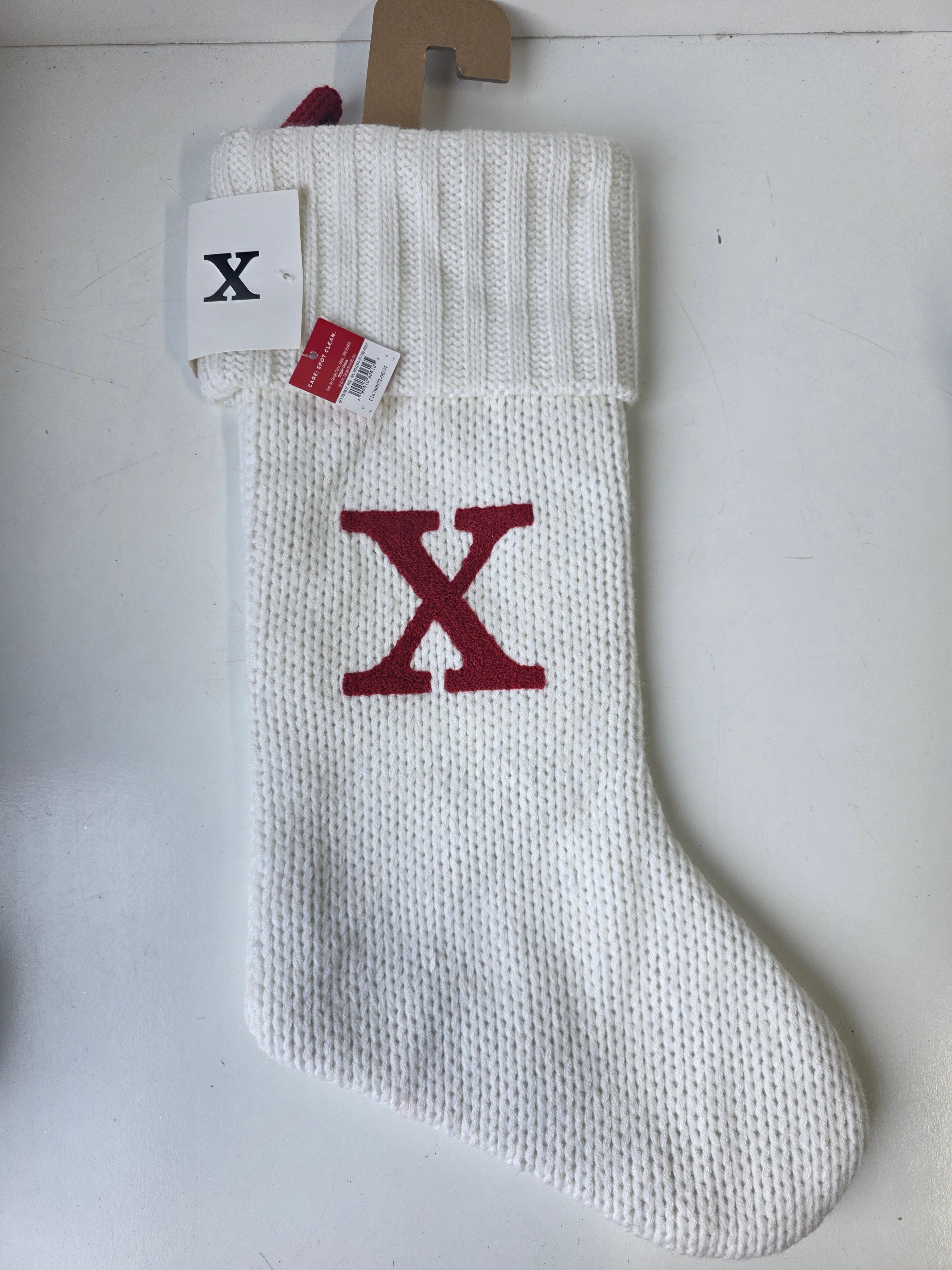 White Knit Christmas Stocking Monogram Letter X Holiday Decor Hanging Fireplace Accent