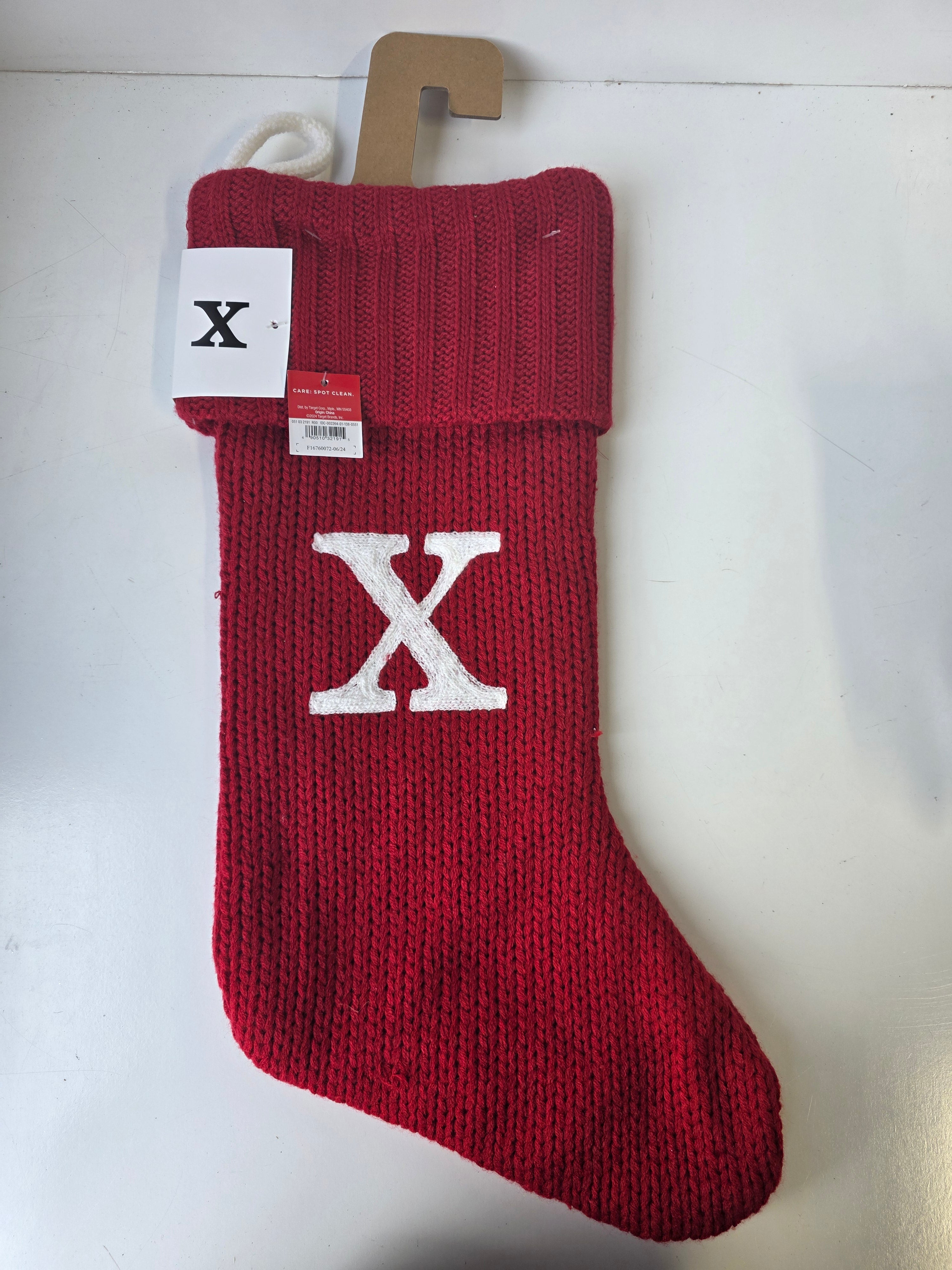 Red Knit Christmas Stocking Monogram Letter X Holiday Decor Hanging Fireplace Accent