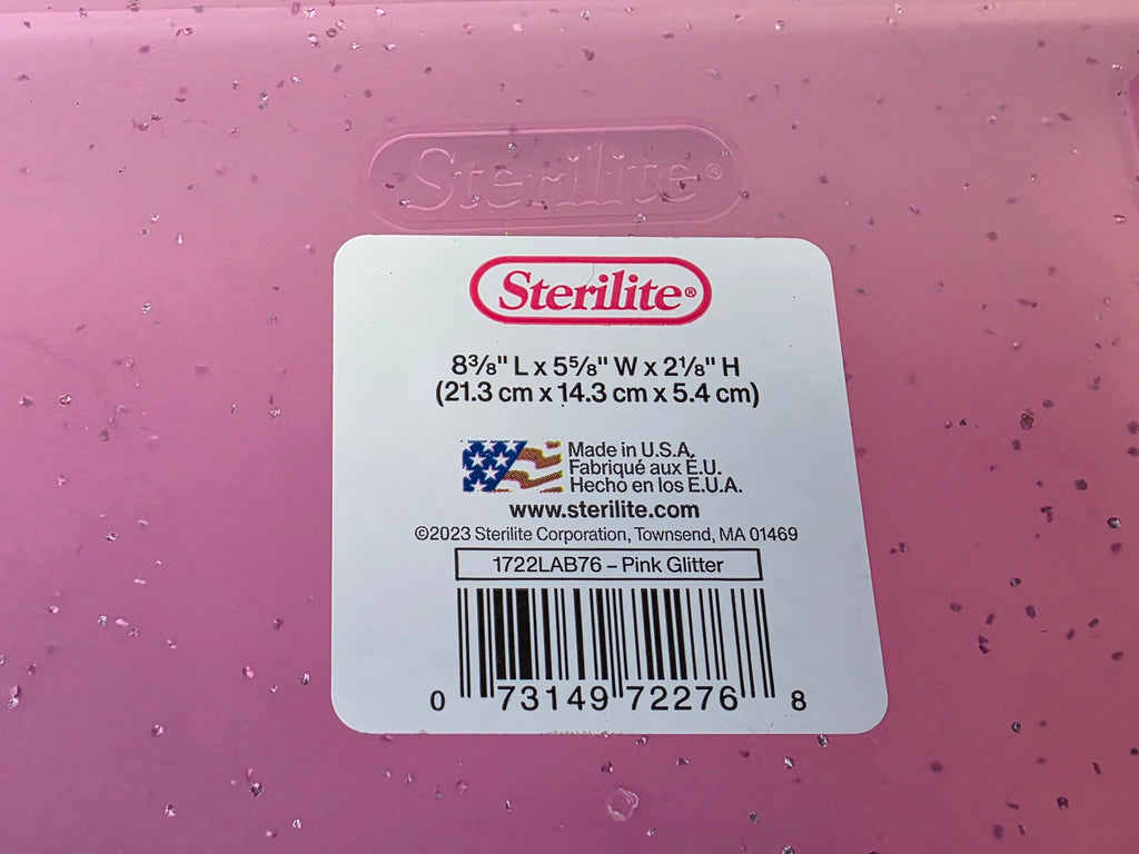 Sterilite Pink Glitter Plastic Storage Box 8.375x5.625x2.125 Small Organizer Case with Snap Lid