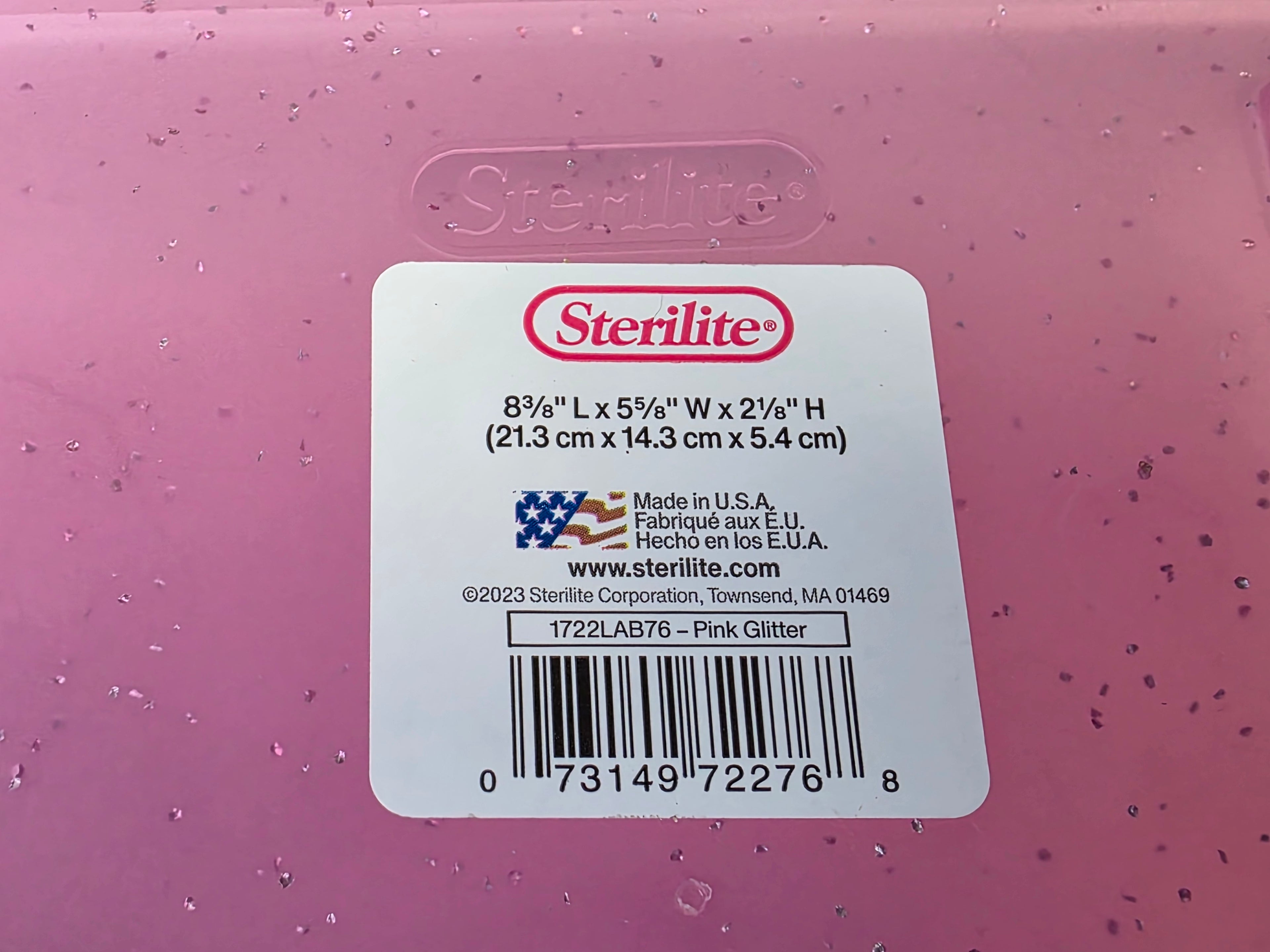 Sterilite Pink Glitter Plastic Storage Box 8.375x5.625x2.125 Small Organizer Case with Snap Lid