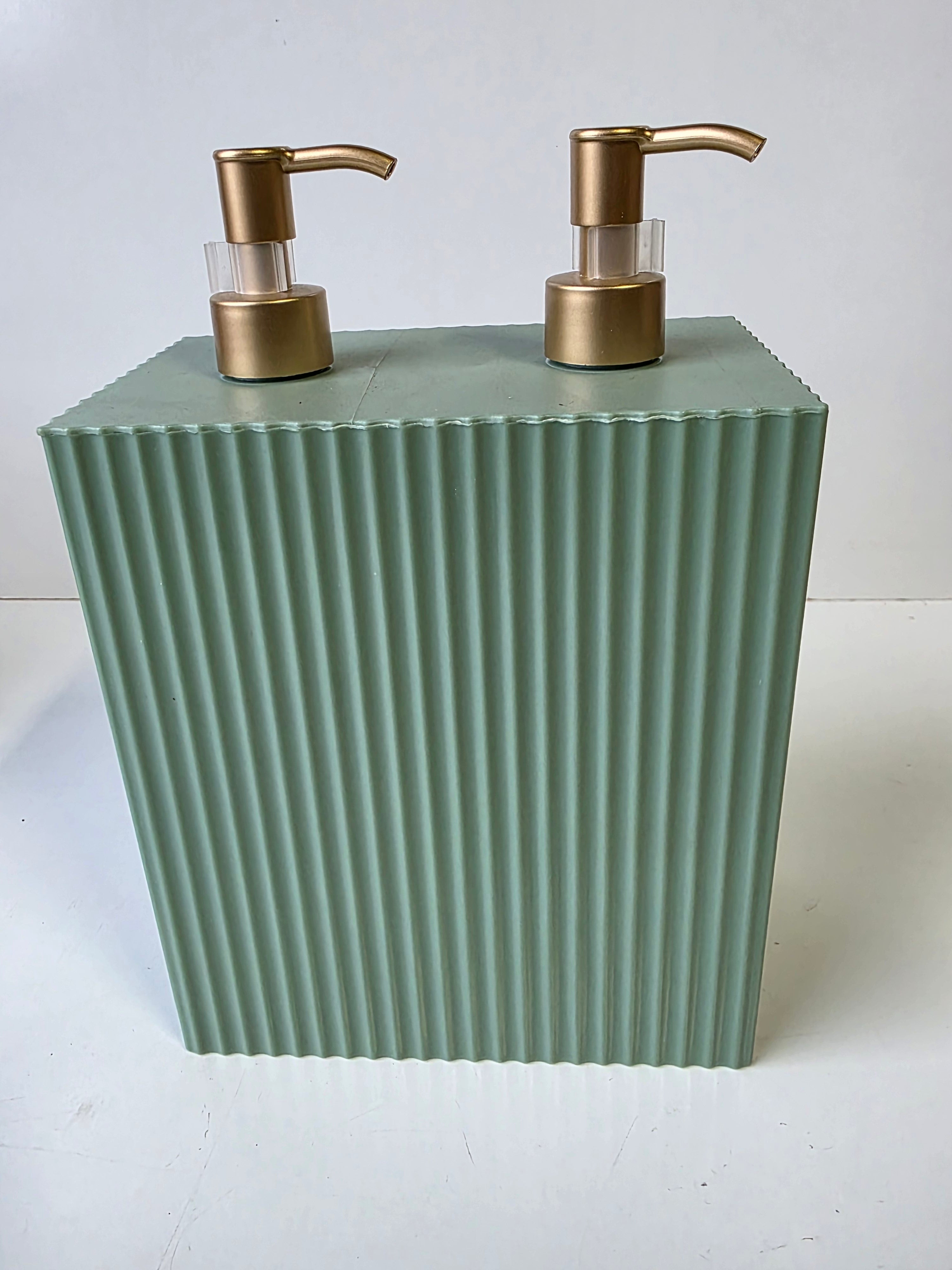 Green Plastic Dual Pump Dispenser Ribbed Countertop Bathroom Accessory Decor Piece