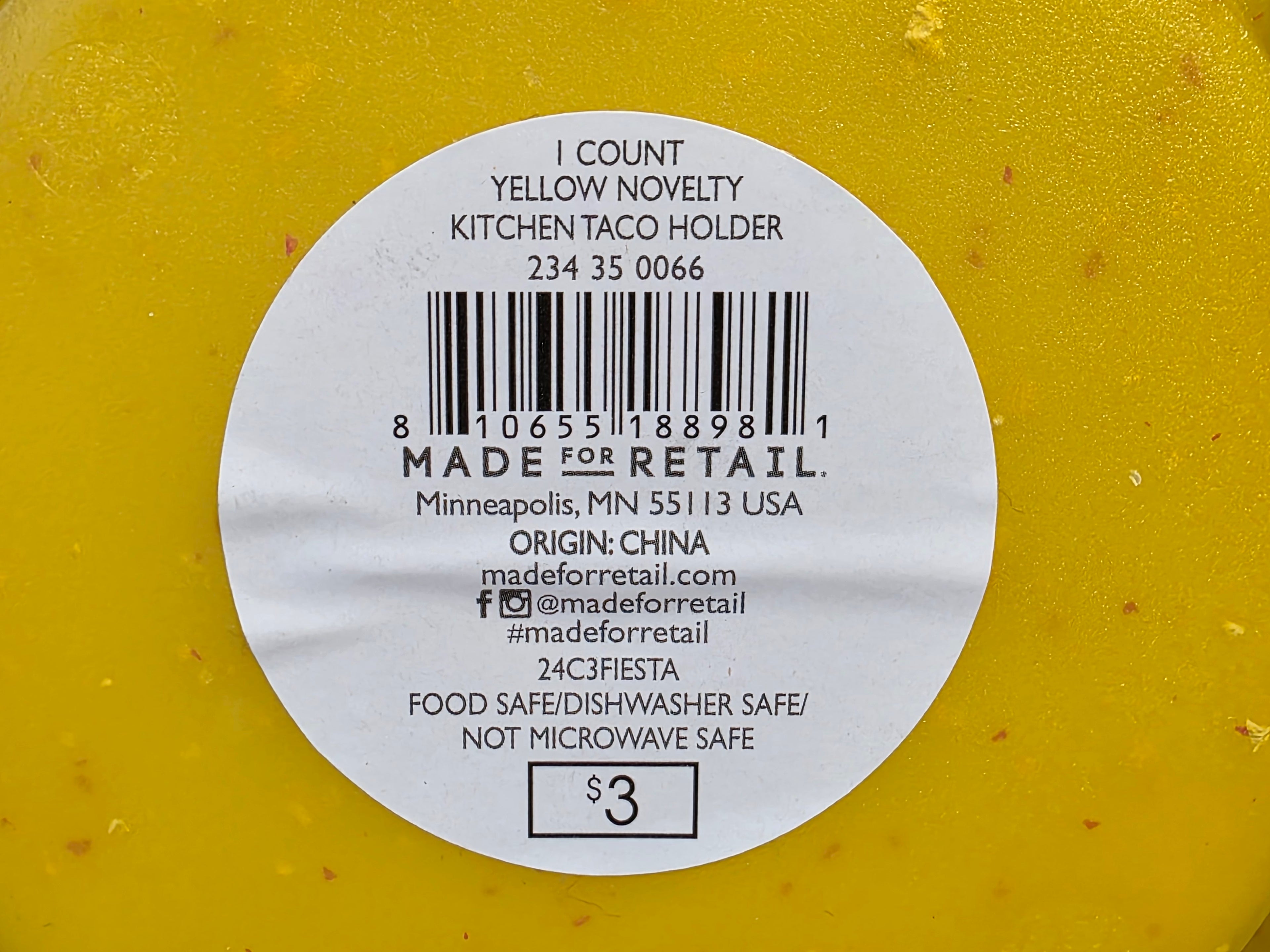 Made For Retail Yellow Plastic Novelty Taco Holder Food-Safe Kitchen Accessory