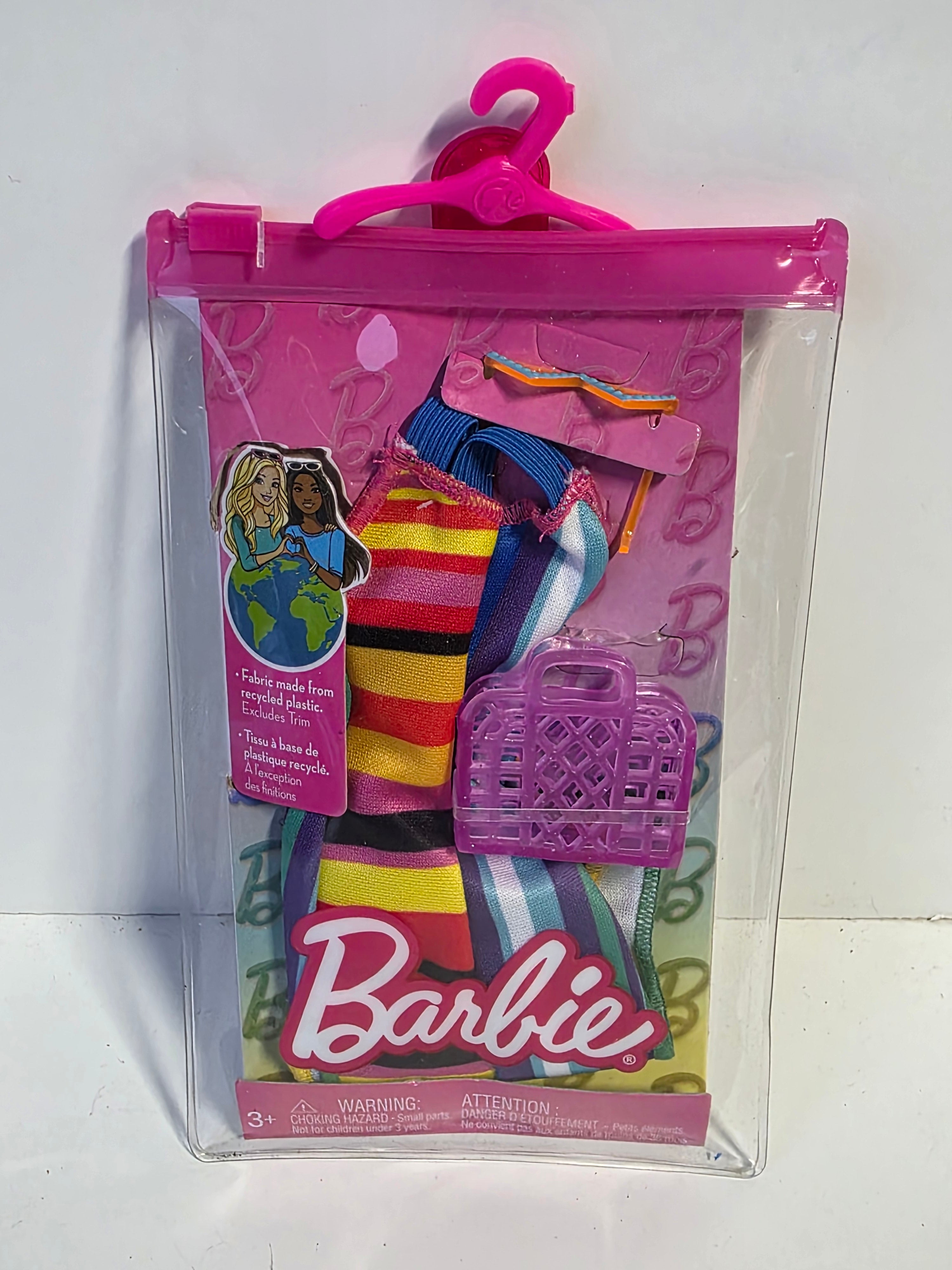 Barbie Rainbow Striped Dress Fashion Outfit Set with Accessories Recycled Fabric Pack