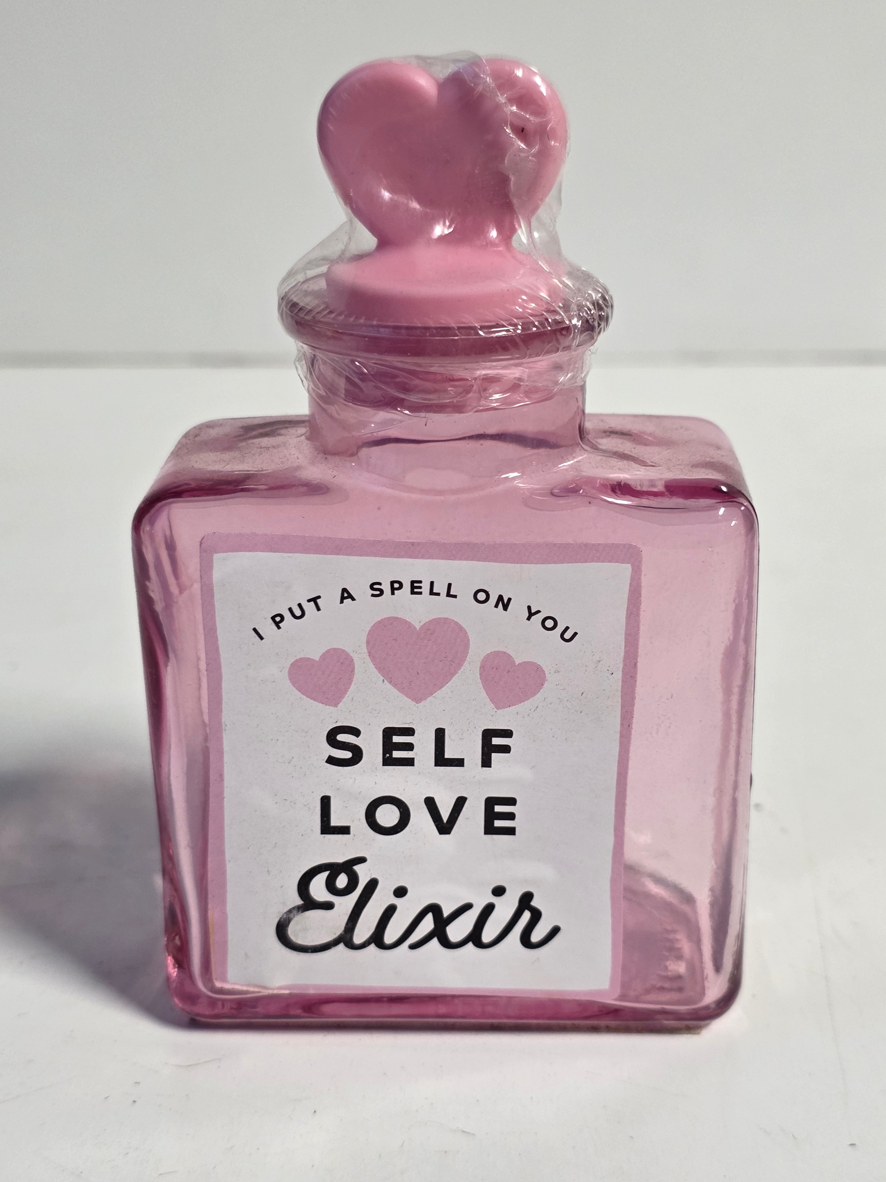 Pink Glass Self Love Elixir Decorative Bottle Heart Top Valentine Display Piece