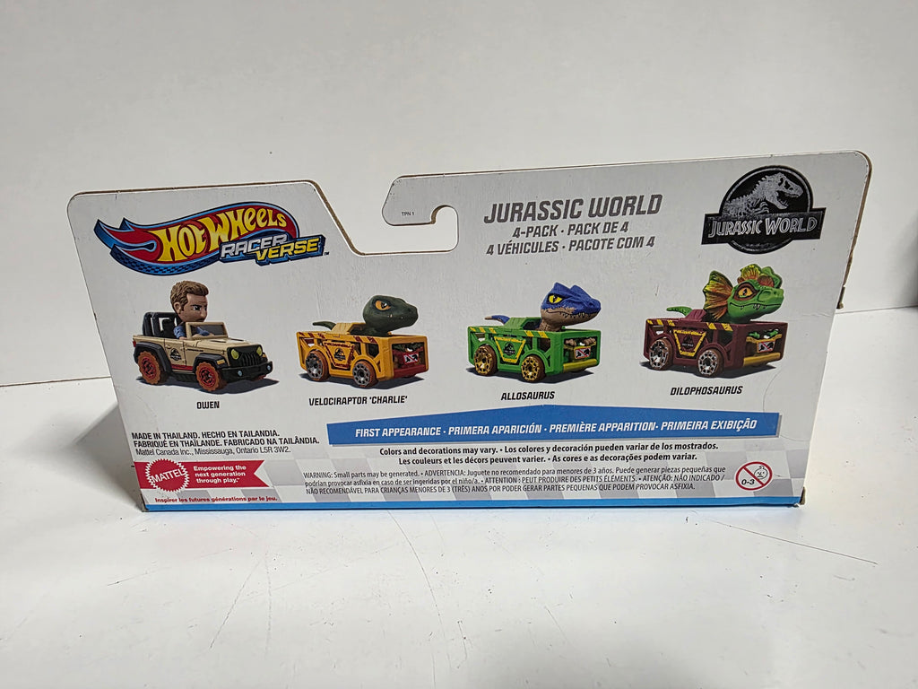 Hot Wheels RacerVerse Jurassic World 4 Pack Character Vehicles First Appearance Set