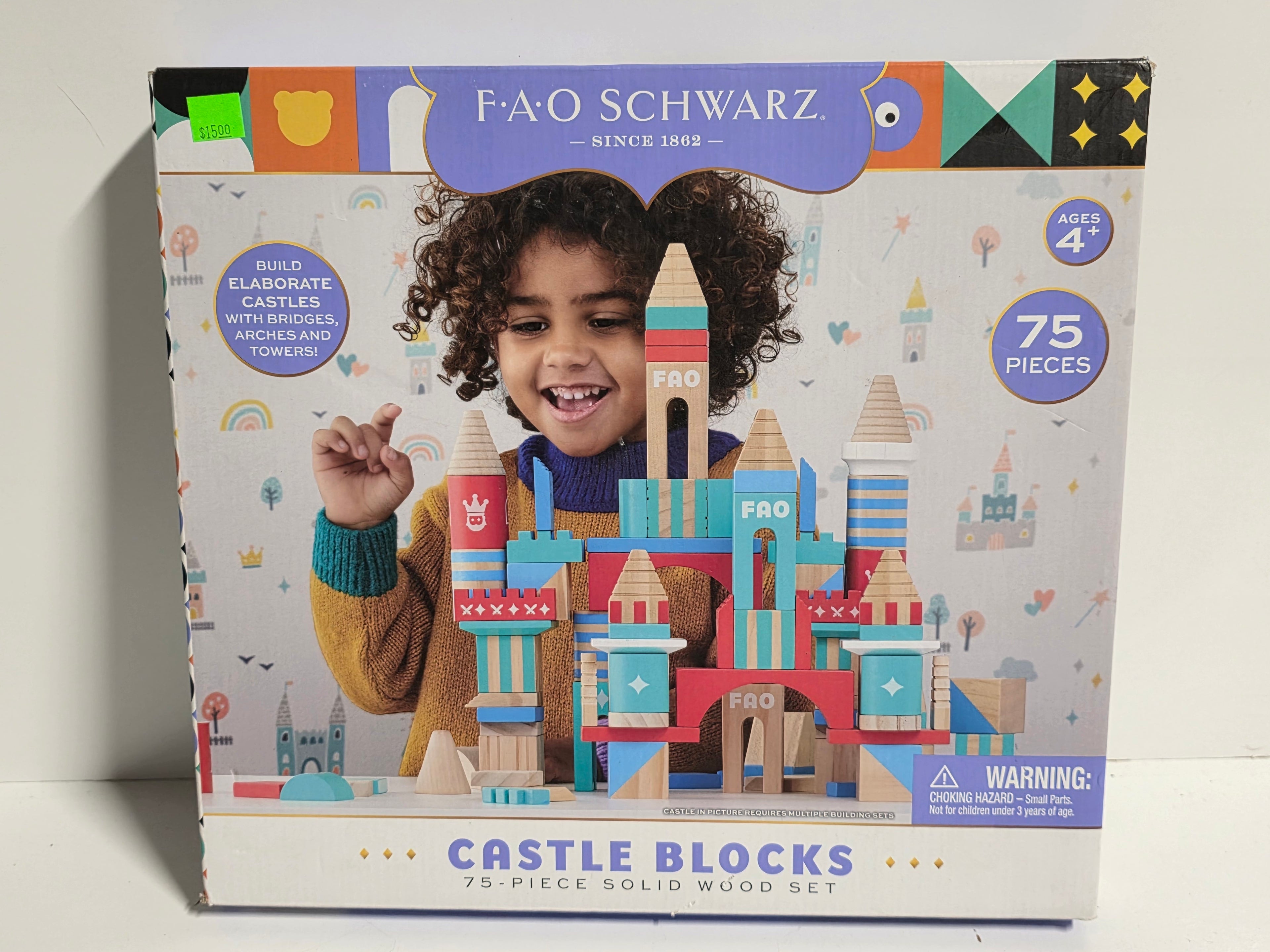 FAO Schwarz Castle Blocks 75 Piece Solid Wood Building Set Colorful Toy Playset