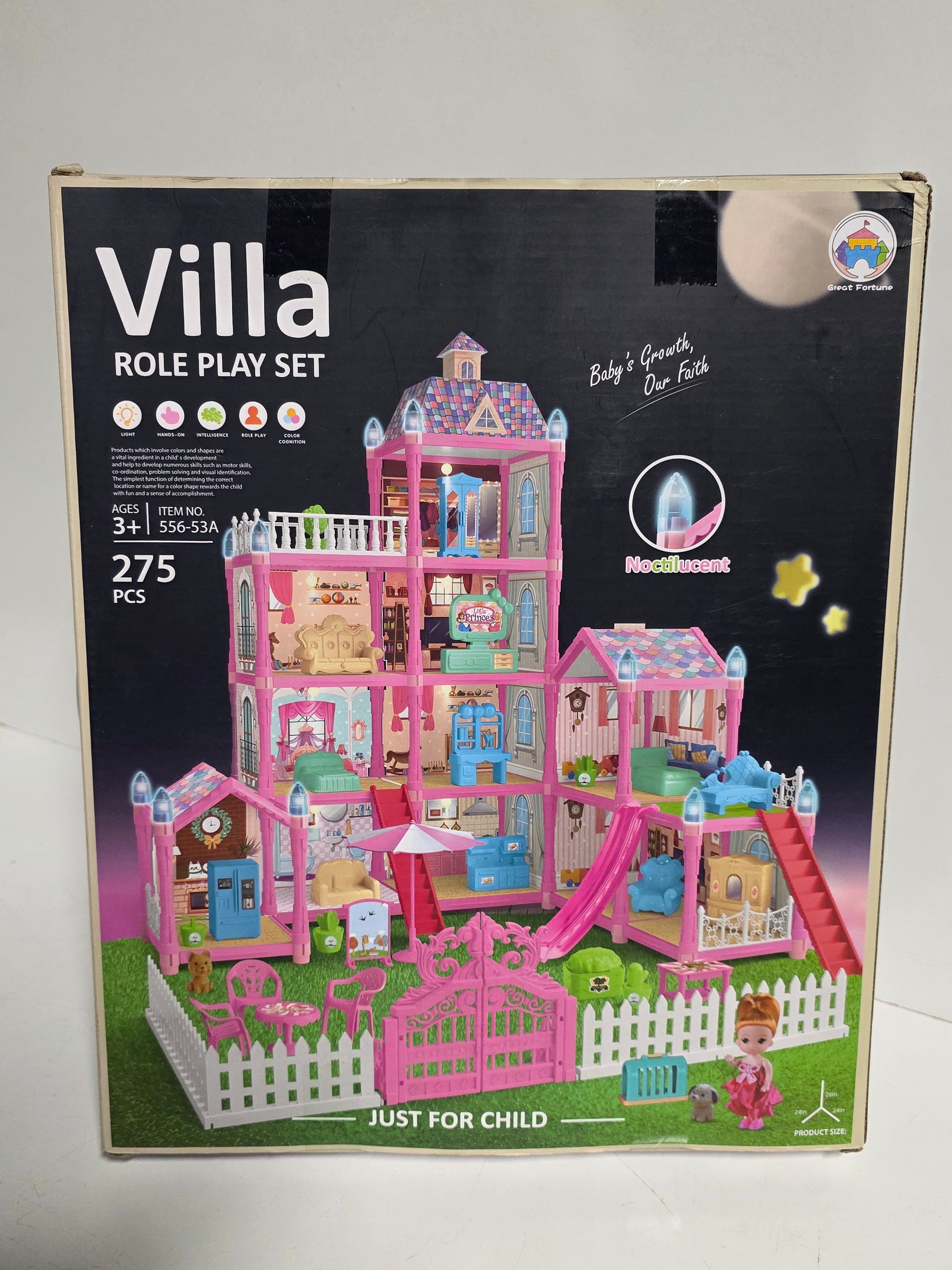 Villa Role Play Set 275 Piece Multi-Level Dollhouse Playset Pink Mansion Toy Set
