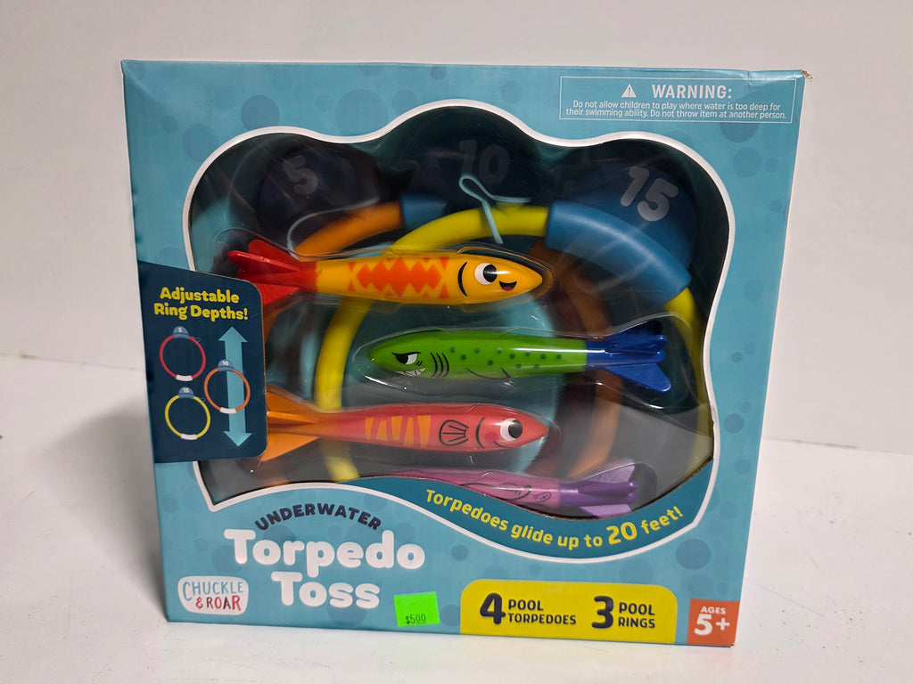 Chuckle & Roar Underwater Torpedo Toss Pool Game 4 Torpedoes 3 Rings Kids Water Toy Set