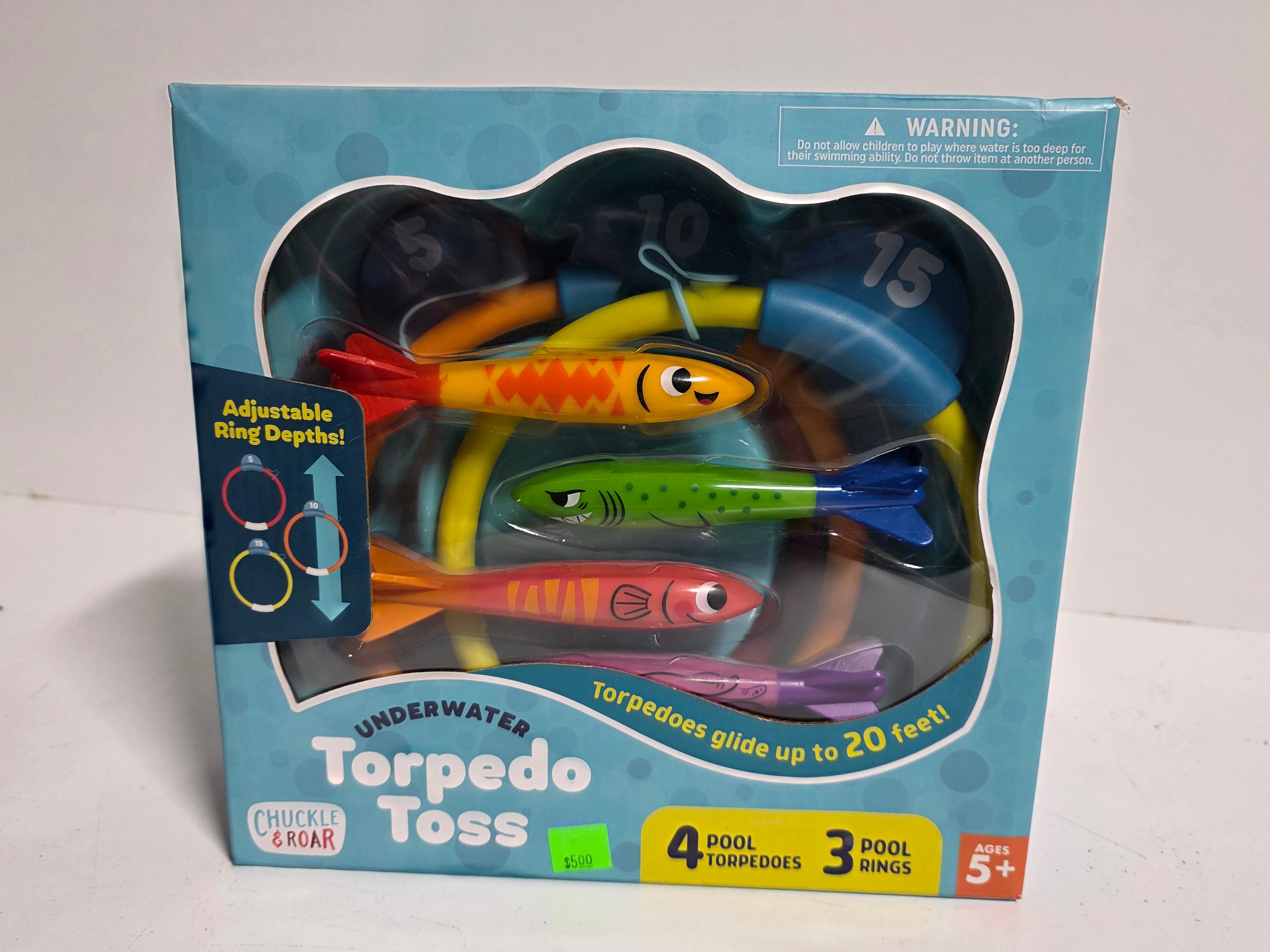 Chuckle & Roar Underwater Torpedo Toss Pool Game 4 Torpedoes 3 Rings Kids Water Toy Set