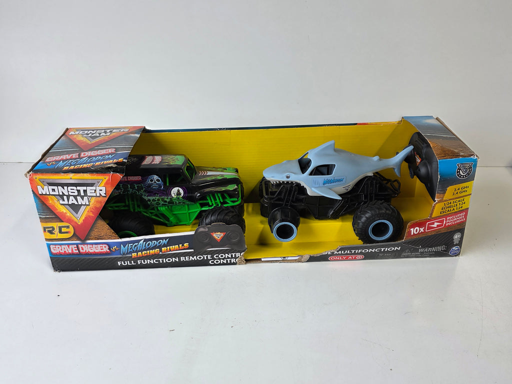 Monster Jam RC Grave Digger vs Megalodon Racing Rivals Remote Control Truck Set Damaged Wheel