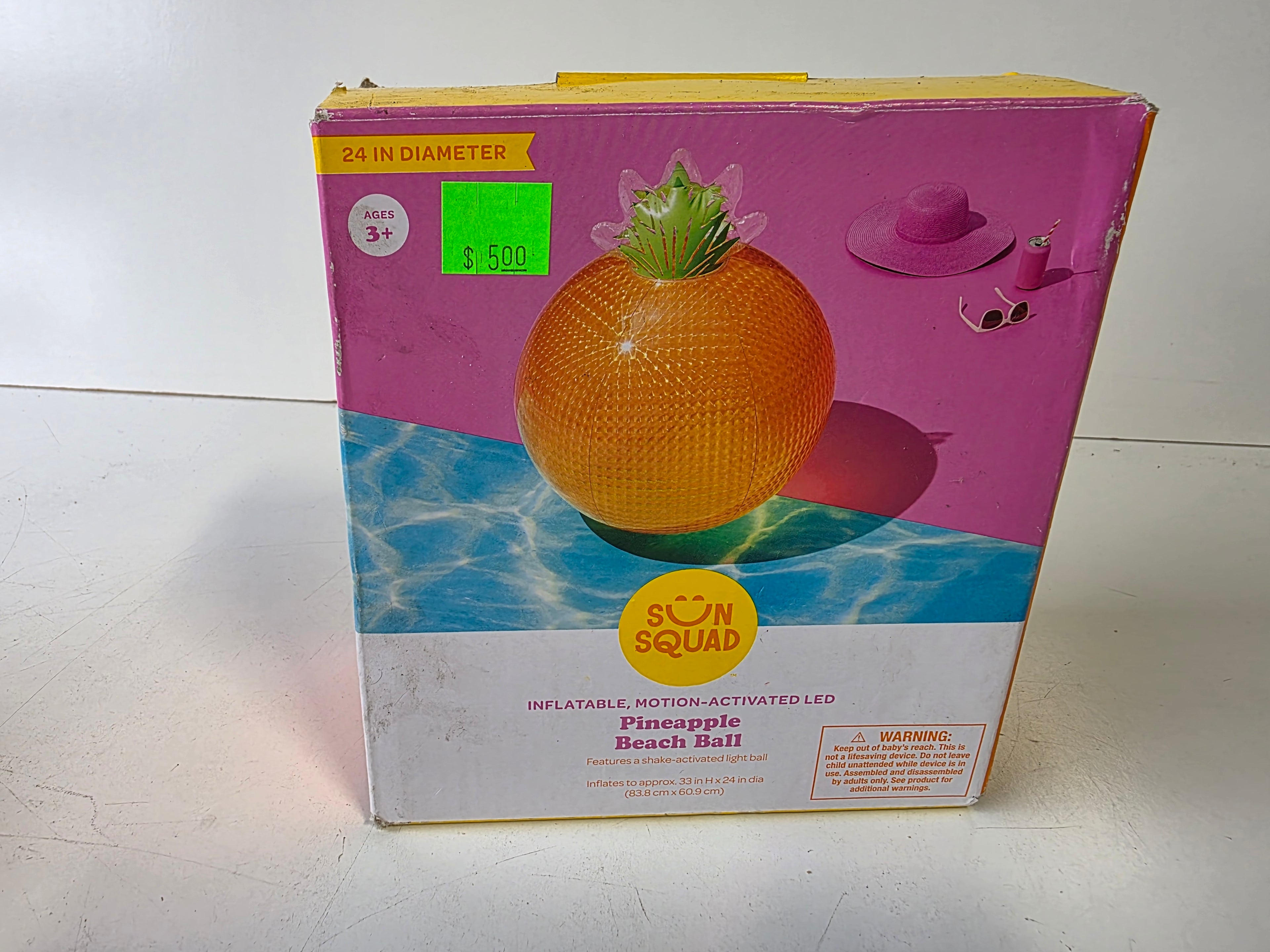 Sun Squad Inflatable LED Pineapple Beach Ball 24 Inch Motion Activated Pool Toy