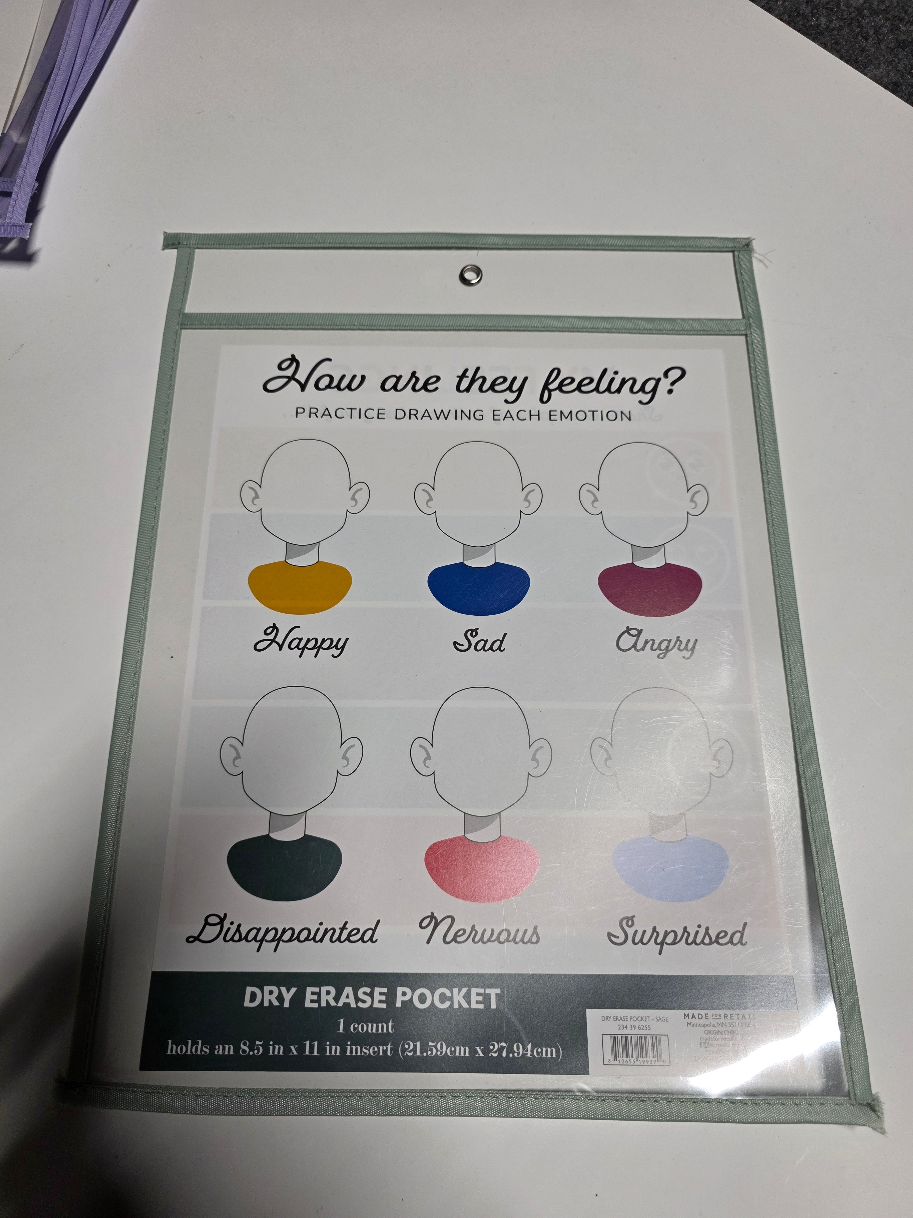 Dry Erase Pocket Sage Green Reusable Teaching Sleeve 8.5x11 Emotion Learning Tool