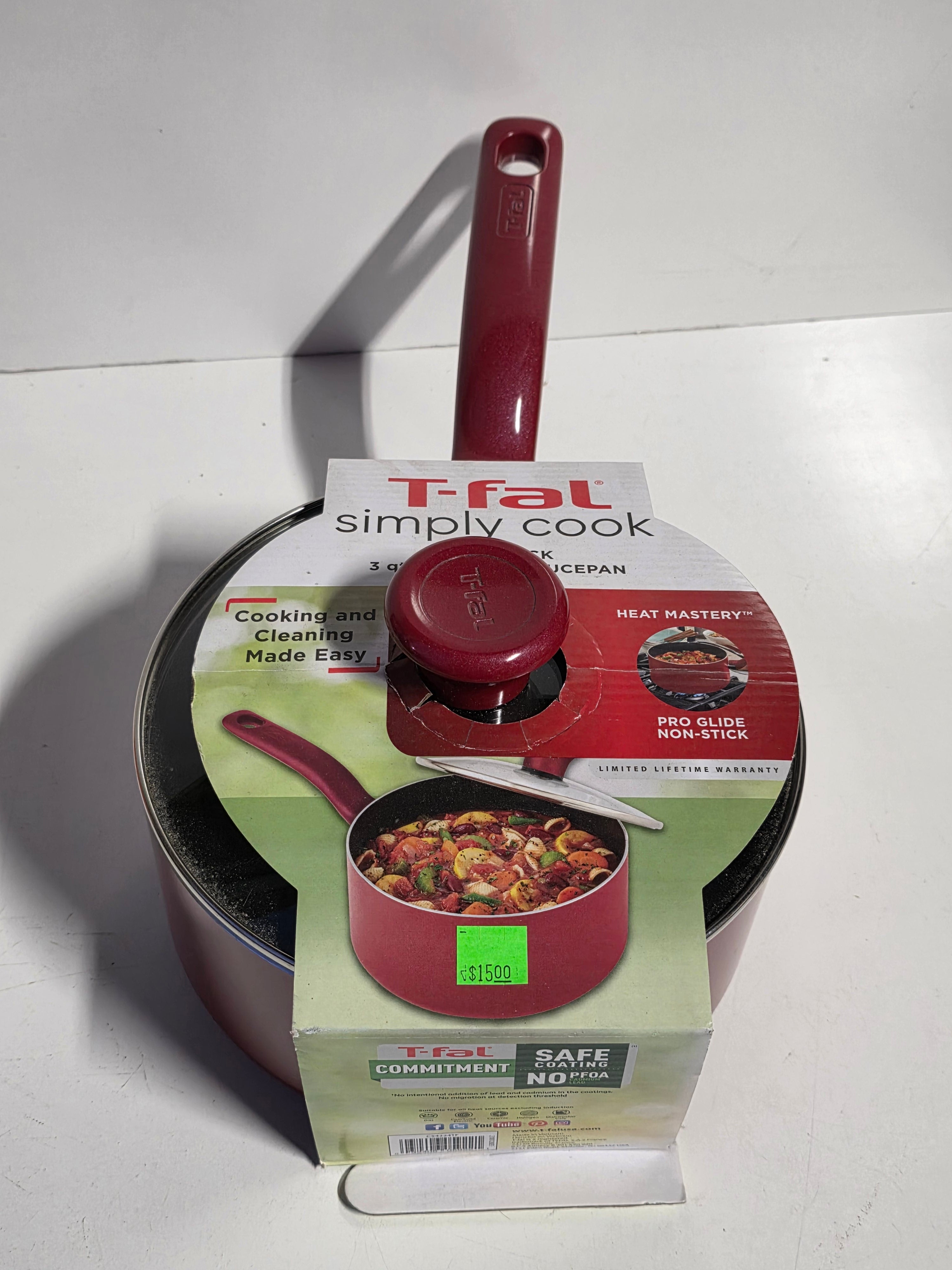T-fal Nonstick Covered Saucepan Red Cookware Essential Kitchen Pot 3 Quart Set