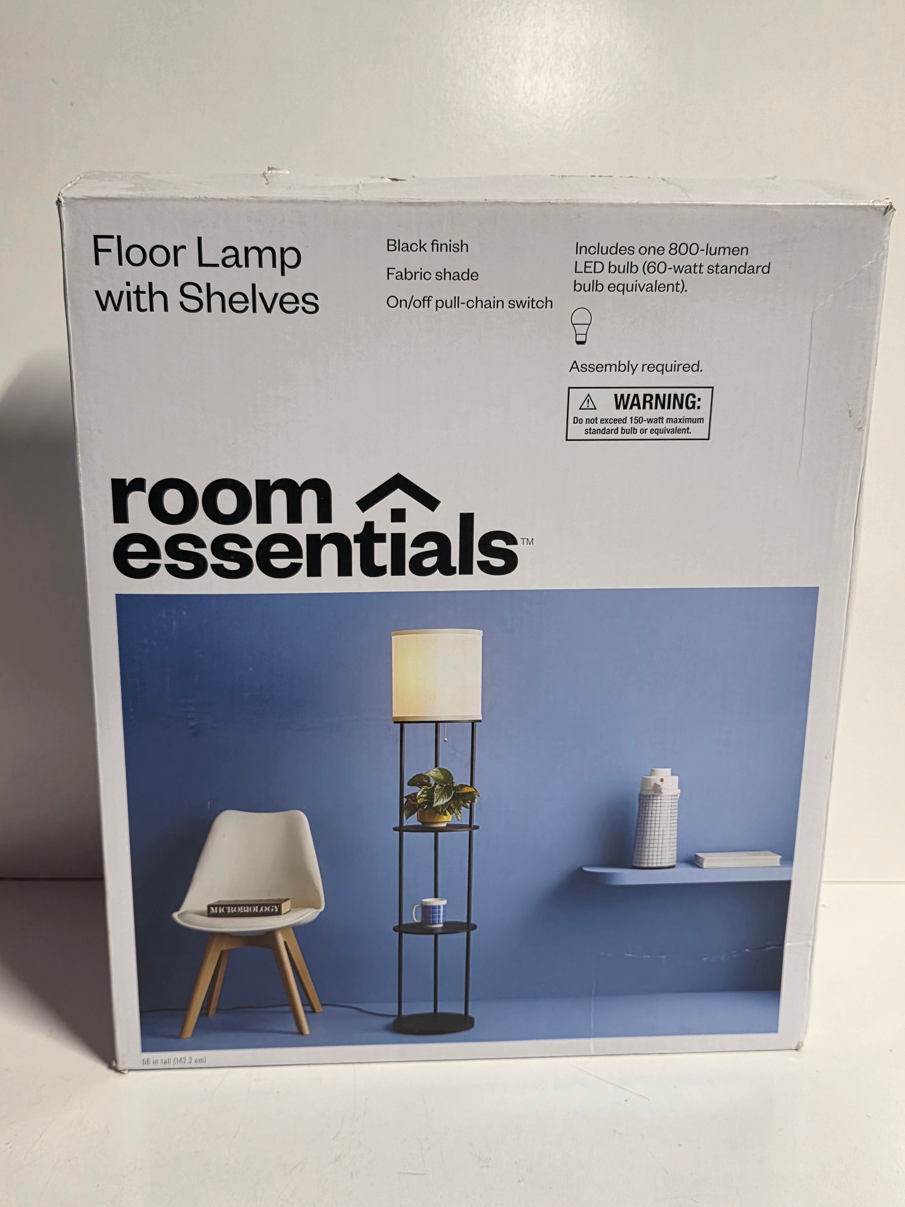 Room Essentials Black Floor Lamp with Shelves Fabric Shade LED Bulb Modern Lighting