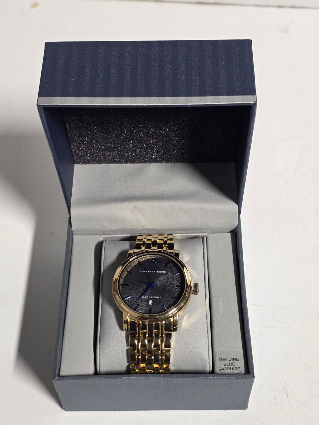 Geoffrey Beene Gold Tone Blue Sapphire Dial Men's Dress Watch Collectible