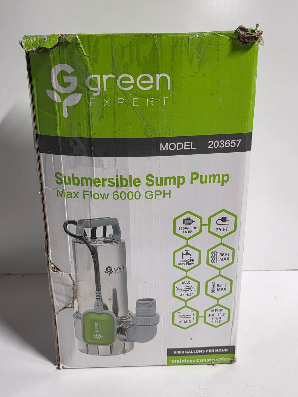 Green Expert Submersible Sump Pump 6000 GPH Stainless Construction Model 203657