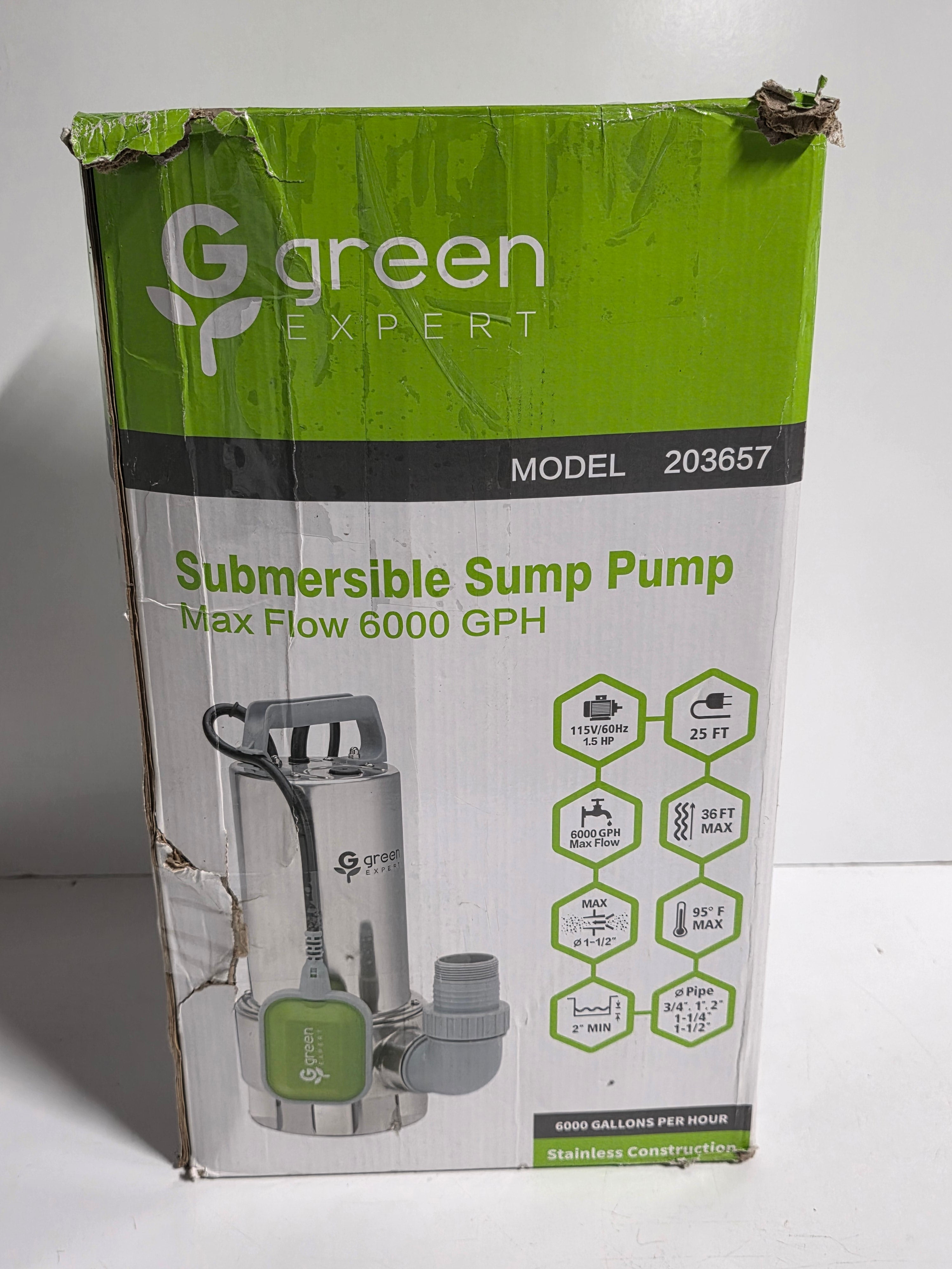 Green Expert Submersible Sump Pump 6000 GPH Stainless Construction Model 203657