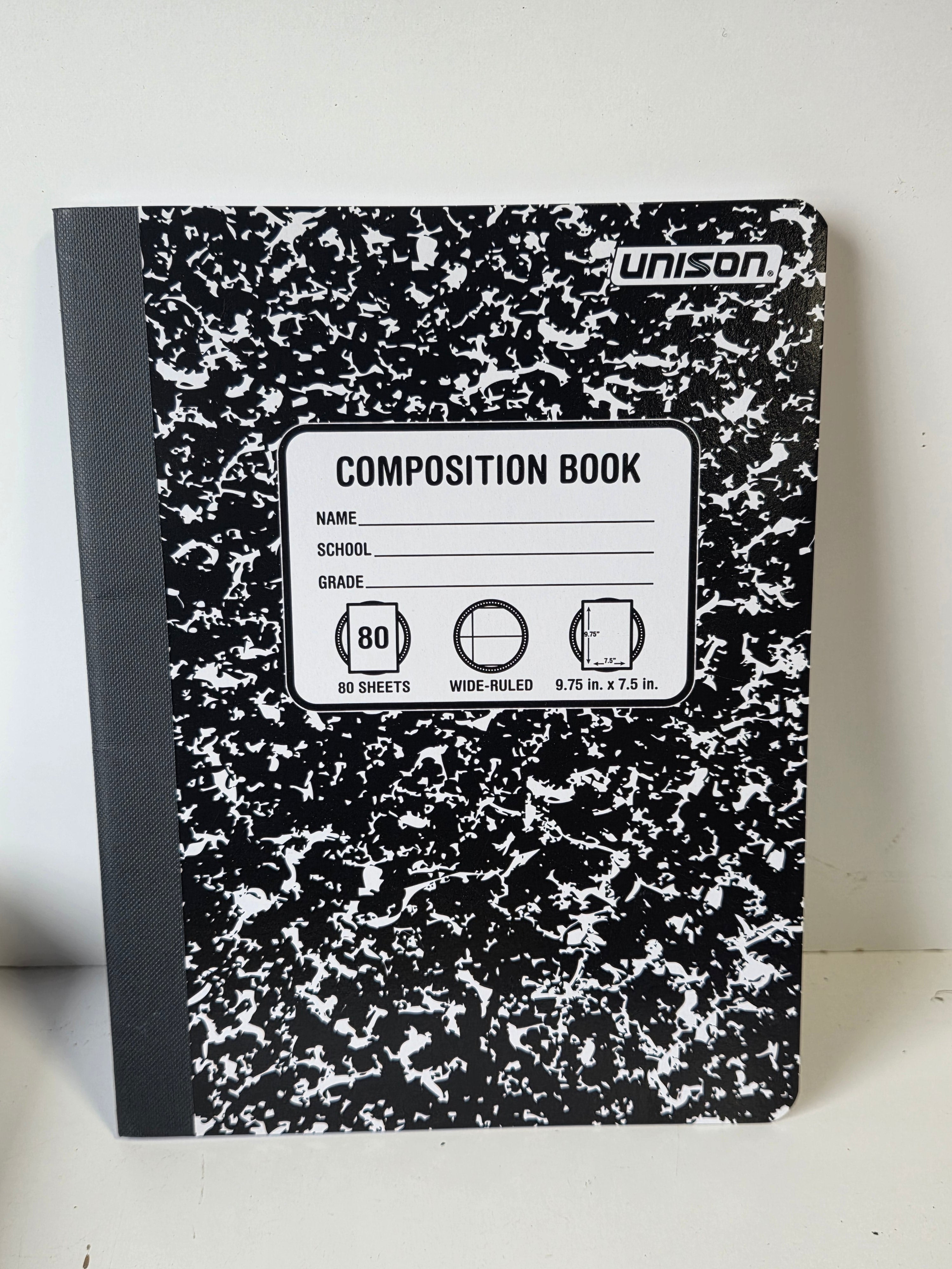 Unison Wide Ruled Composition Notebook 80 Sheet Black Marble Writing Book Notes