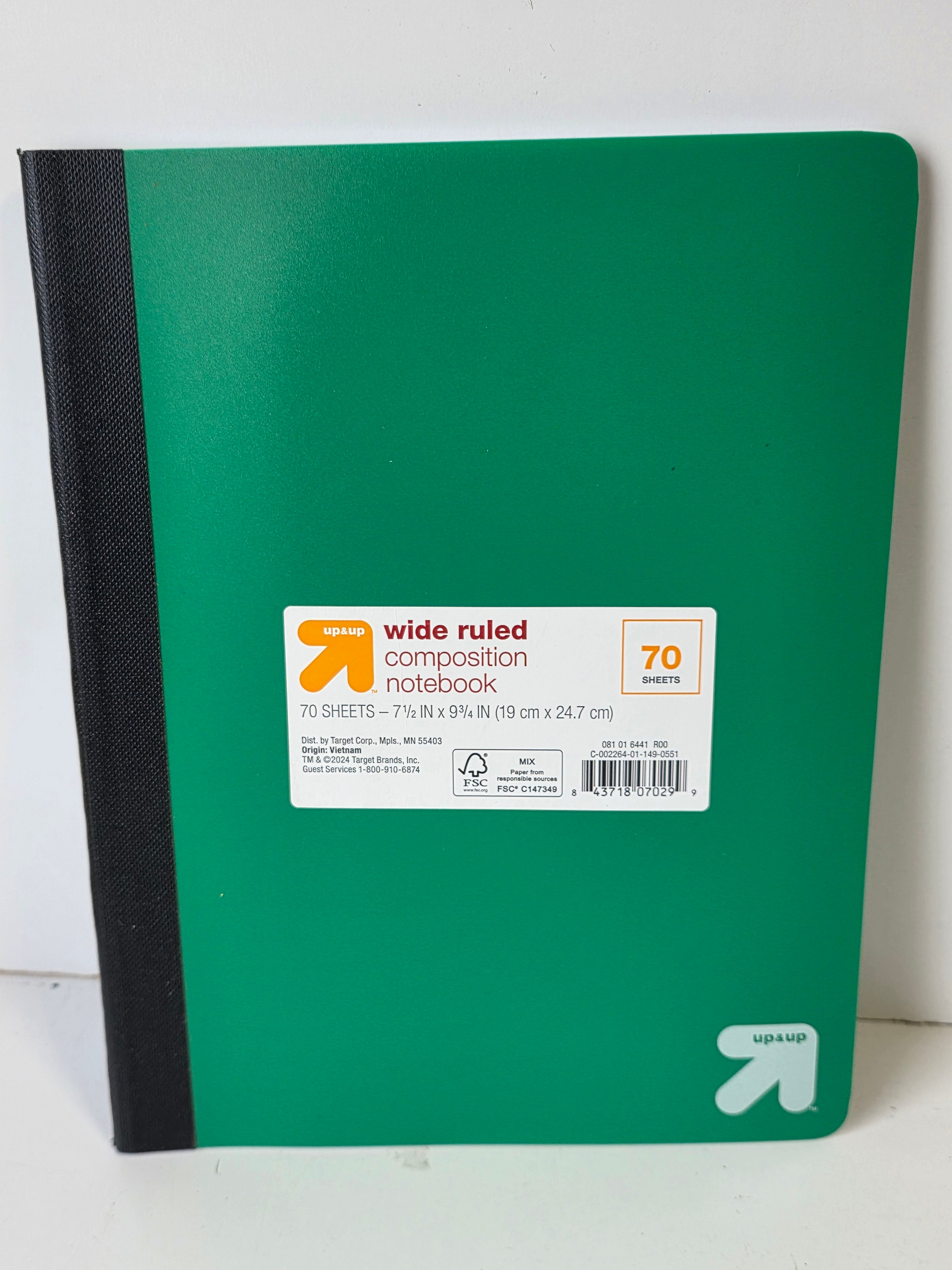 Up&Up Wide Ruled Composition Notebook Green Cover 70 Sheet School Writing Journal
