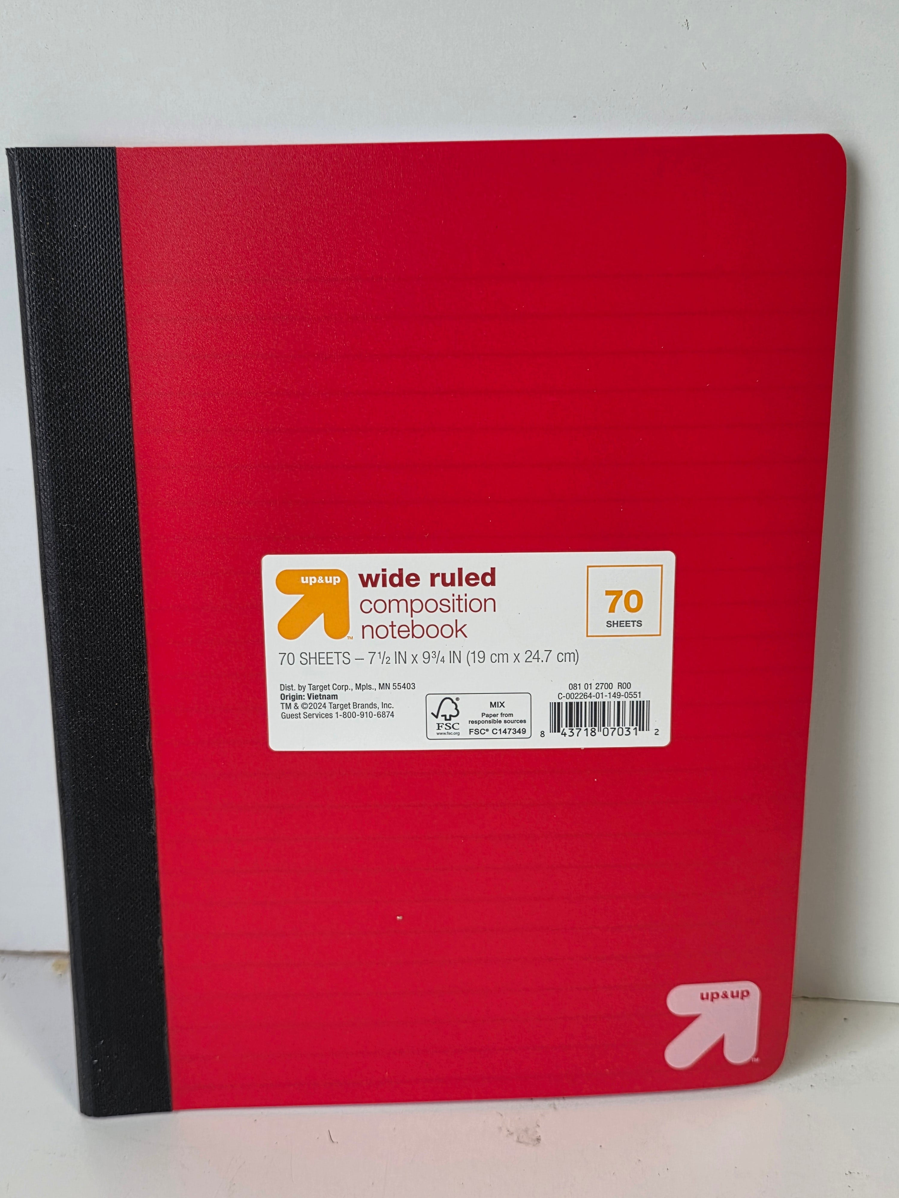 Up&Up Wide Ruled Composition Notebook Red Cover 70 Sheet School Writing Journal