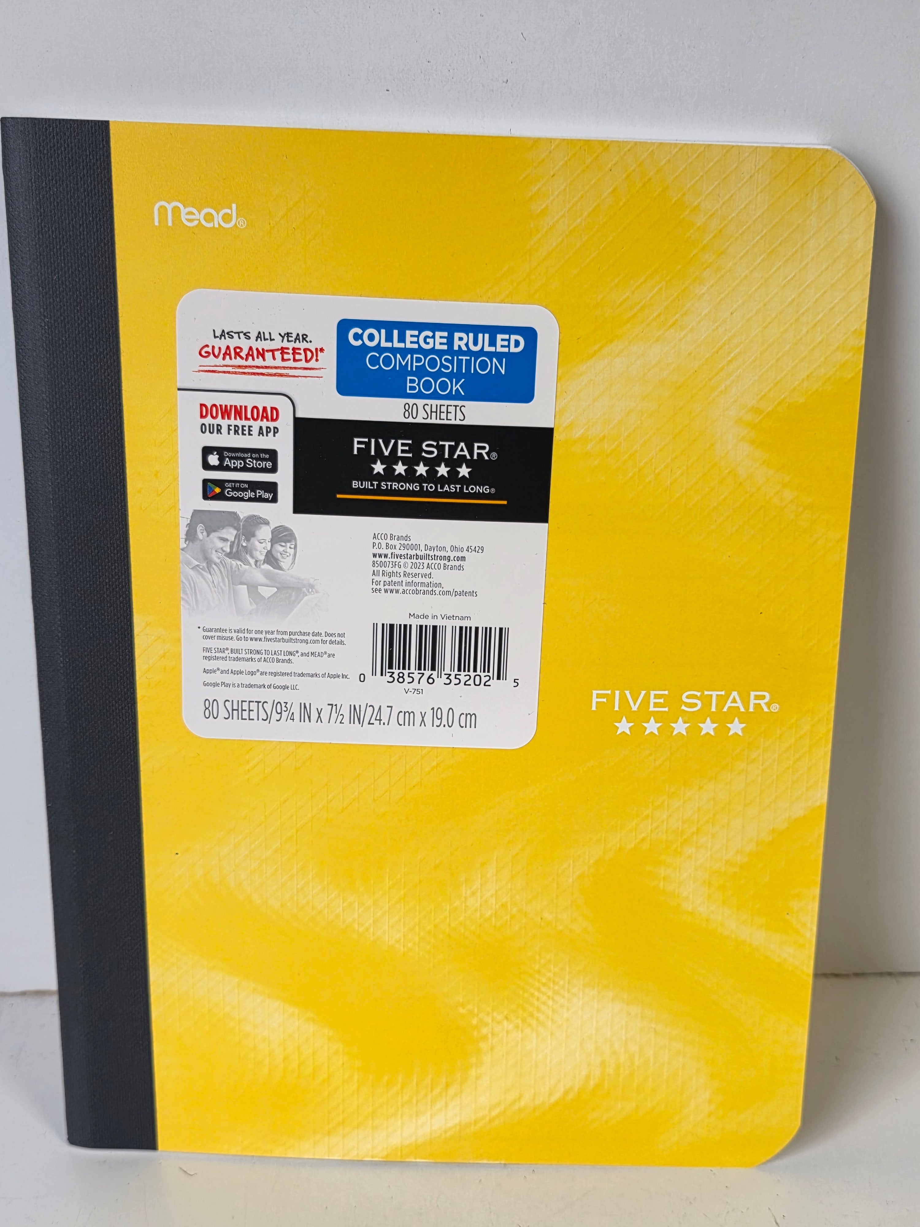 Five Star Mead College Ruled Composition Notebook Yellow Cover 80 Sheet Durable Journal