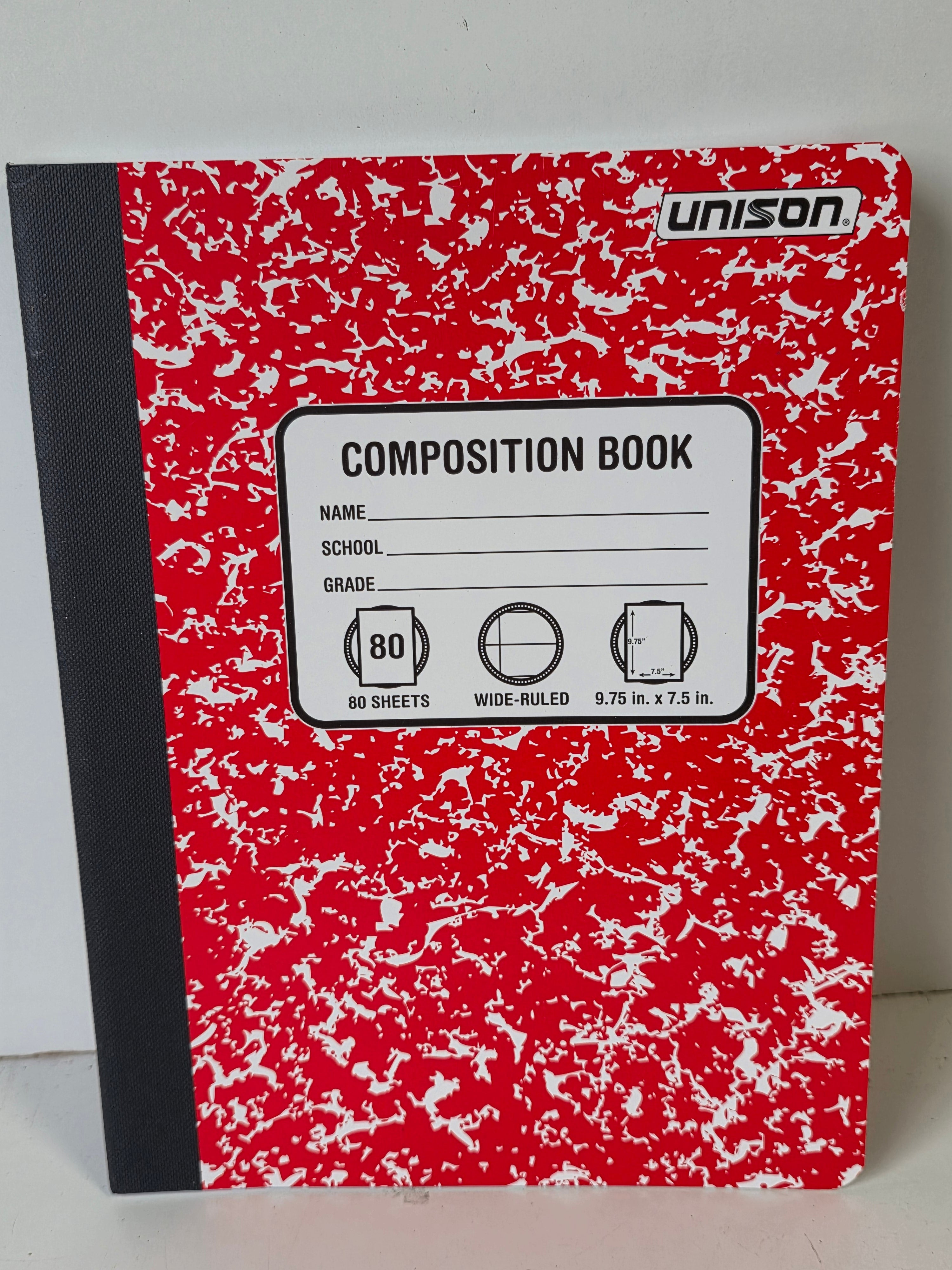 Unison Wide Ruled Composition Notebook Red Marble 80 Sheet Classic School Writing Book