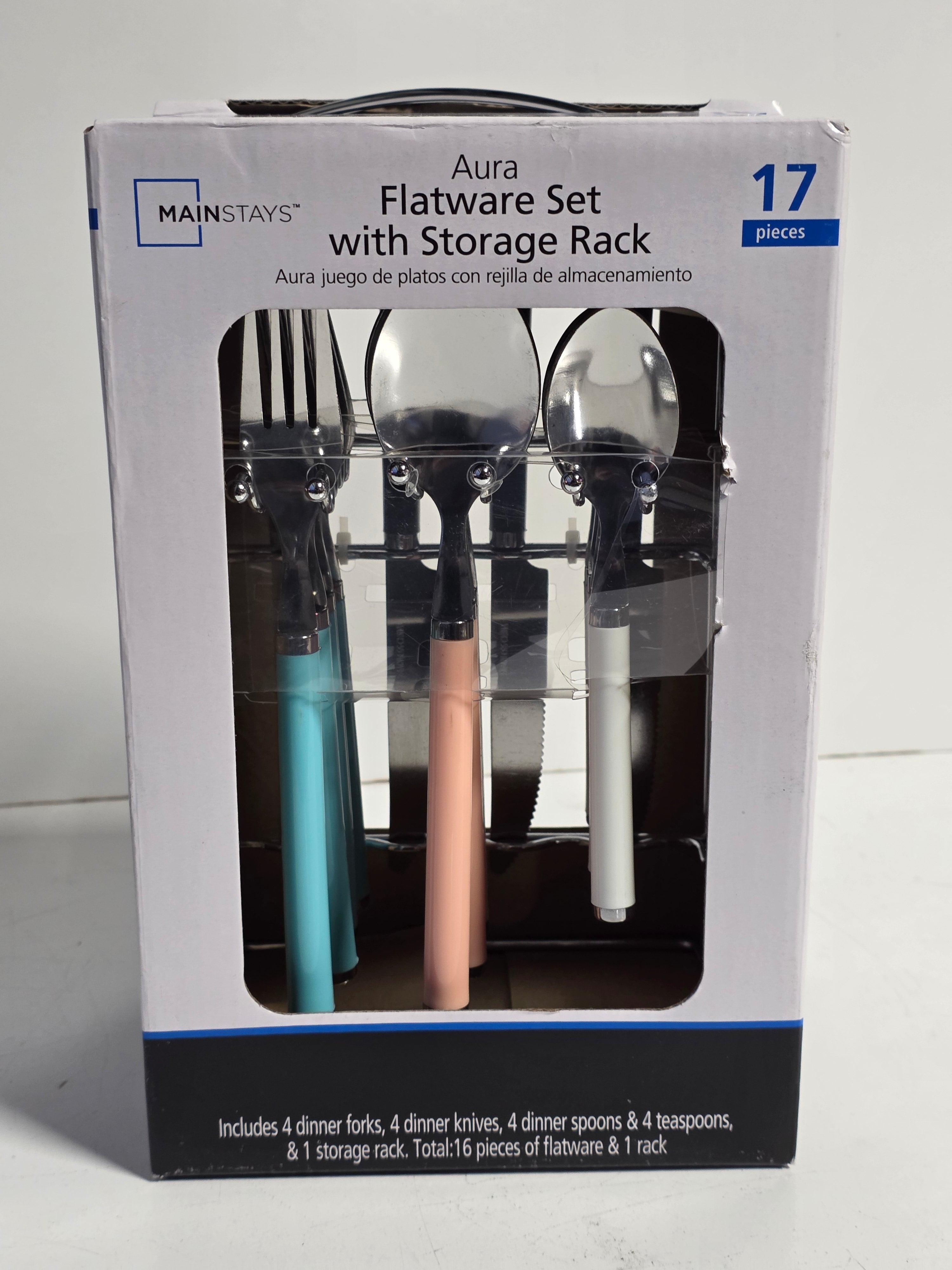 Mainstays Aura Flatware Set Colorful Handle Stainless Steel Storage Rack 17 Piece
