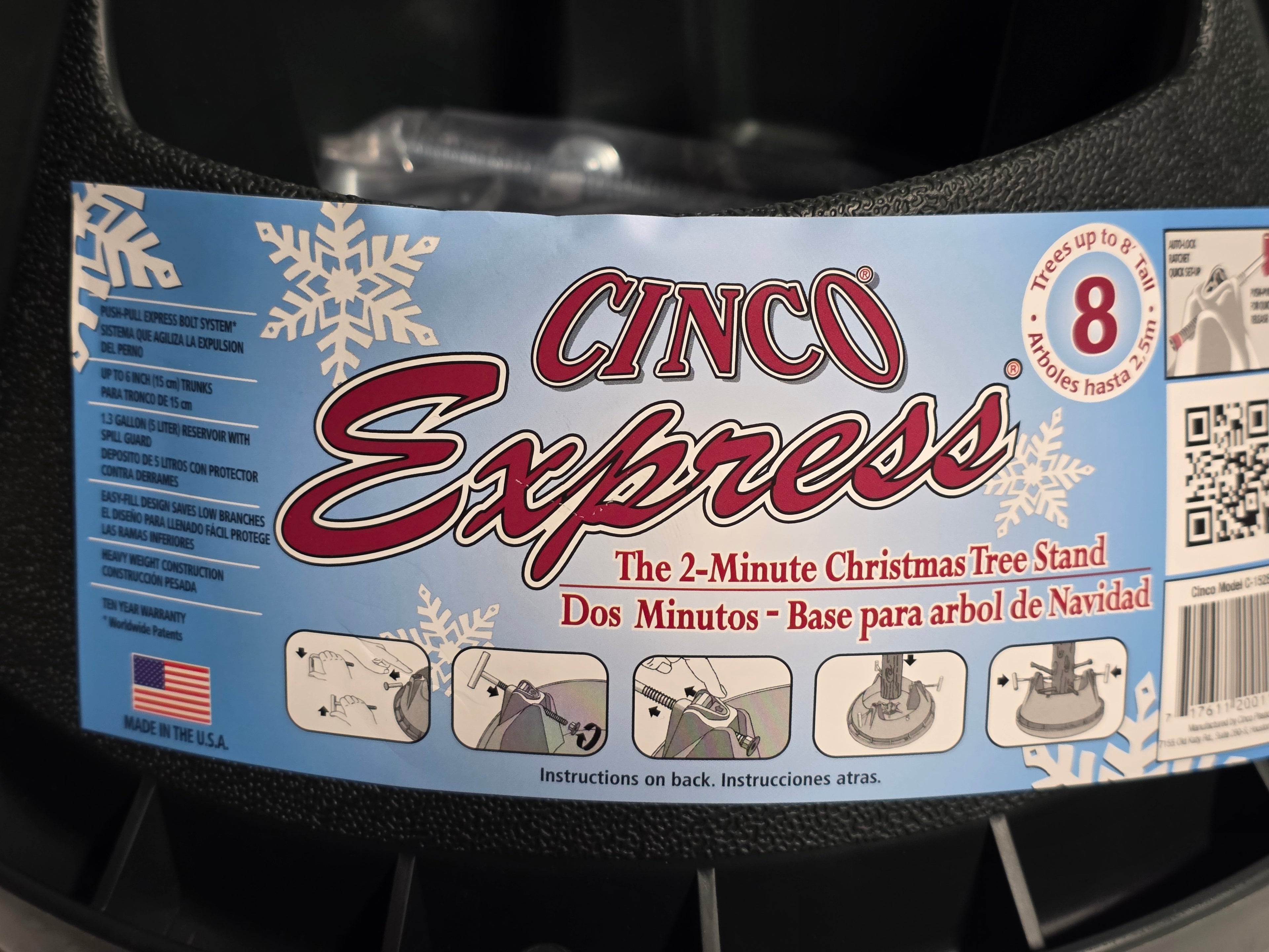 Cinco Express C-152E Christmas Tree Stand Heavy Duty Two Minute Setup Black Base