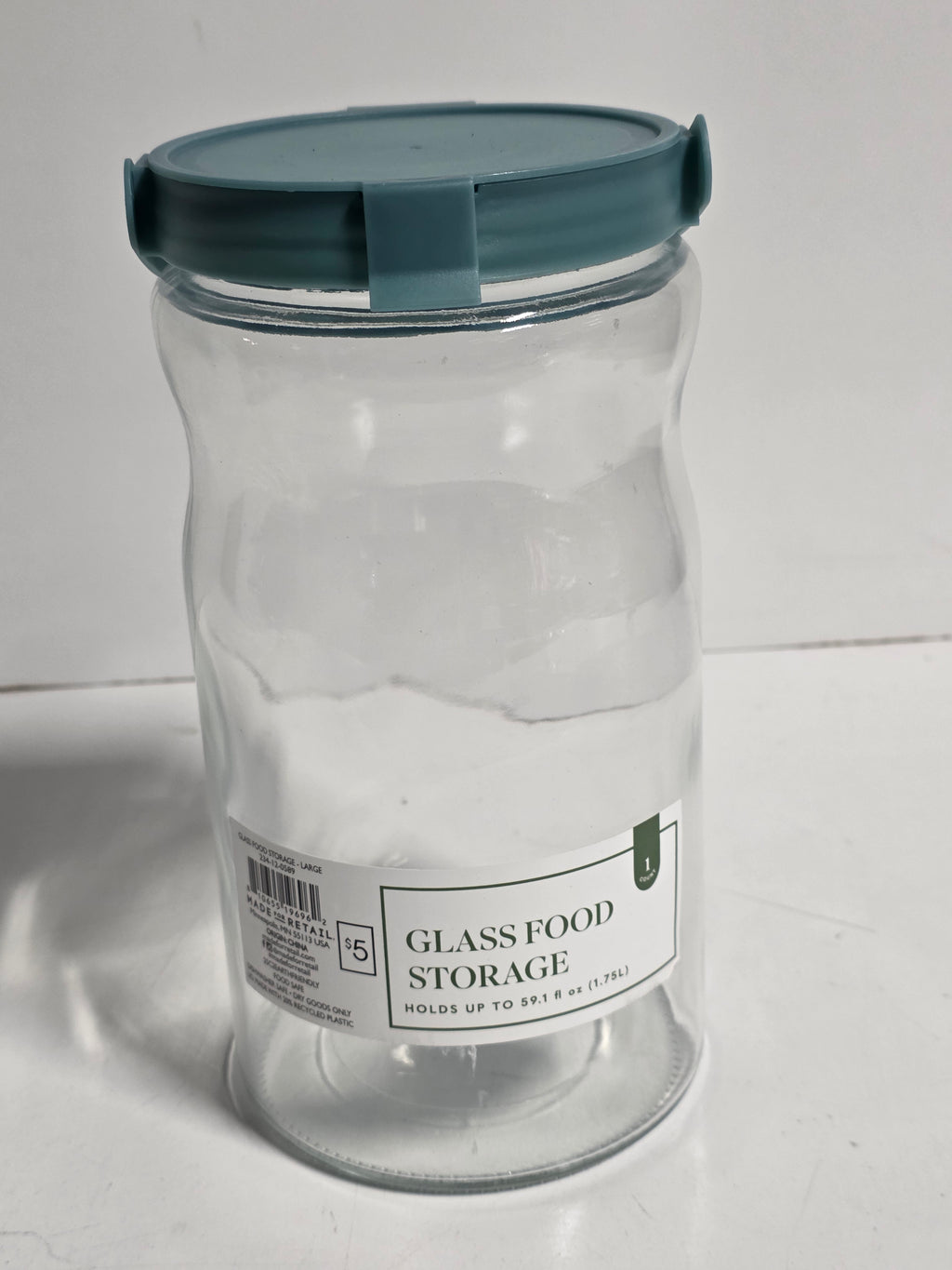 Glass Food Storage Jar Large Clear Container with Teal Locking Lid 1.75L Capacity