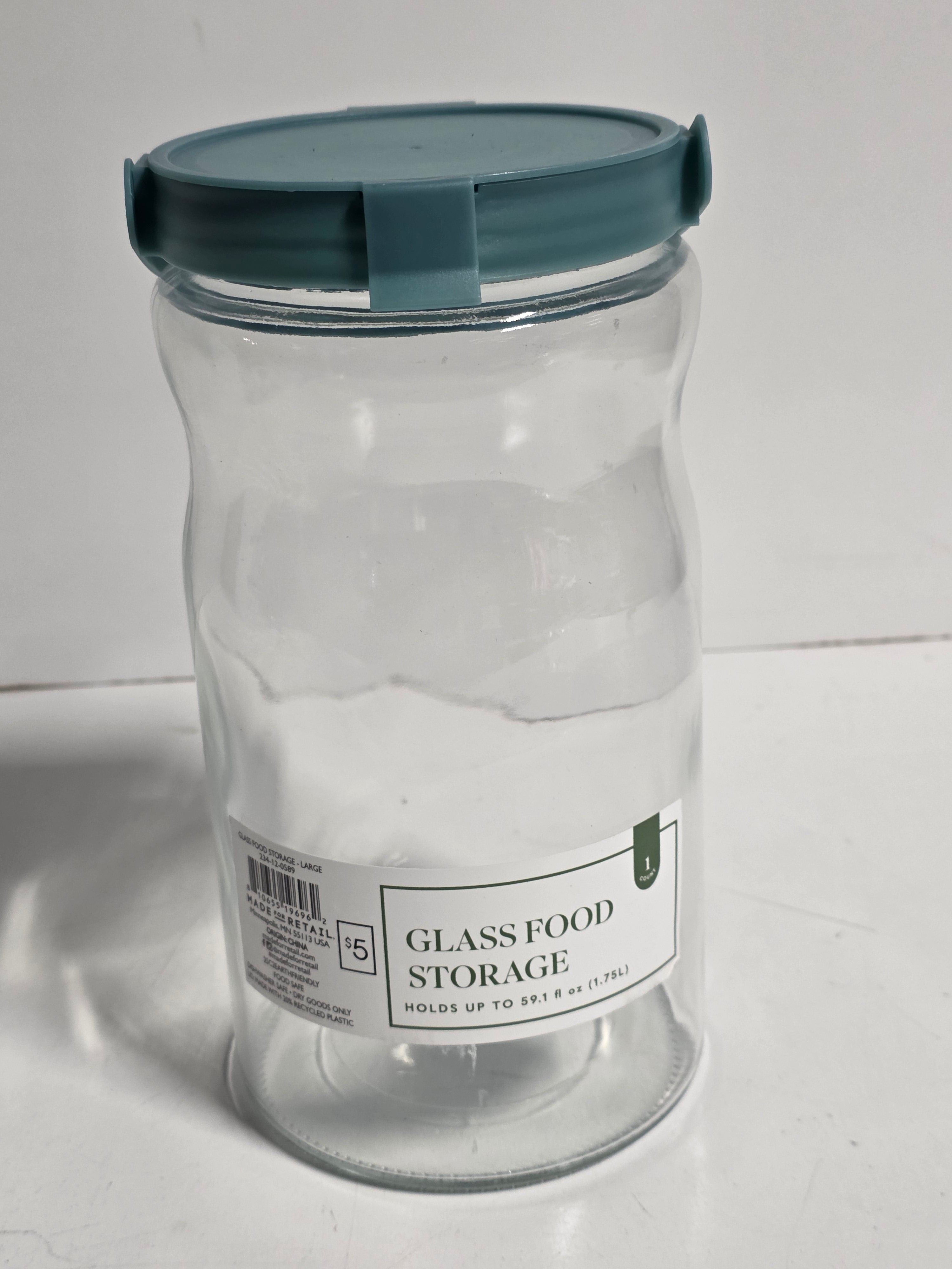 Glass Food Storage Jar Large Clear Container with Teal Locking Lid 1.75L Capacity