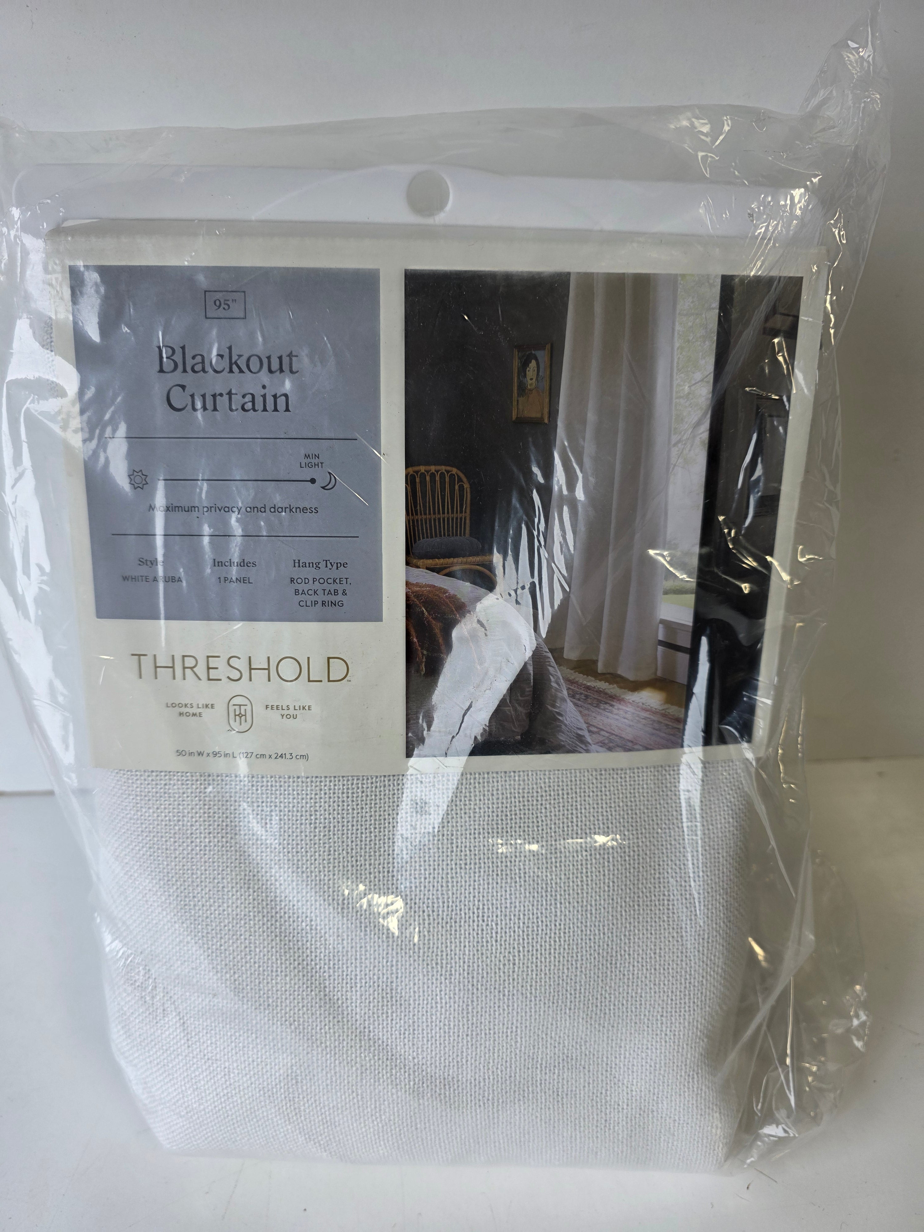 Threshold White Aruba 95-Inch Blackout Curtain Panel Light-Blocking Home Window Drape