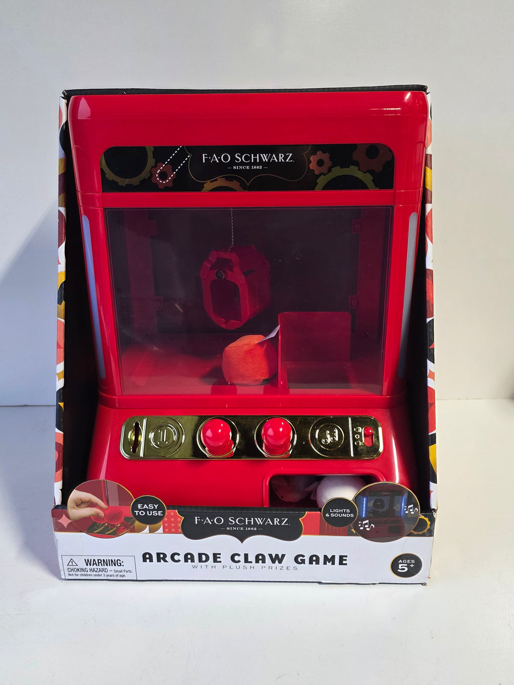 FAO Schwarz Red Arcade Claw Machine Toy Collectible Plush Prize Game Lights Sounds Set