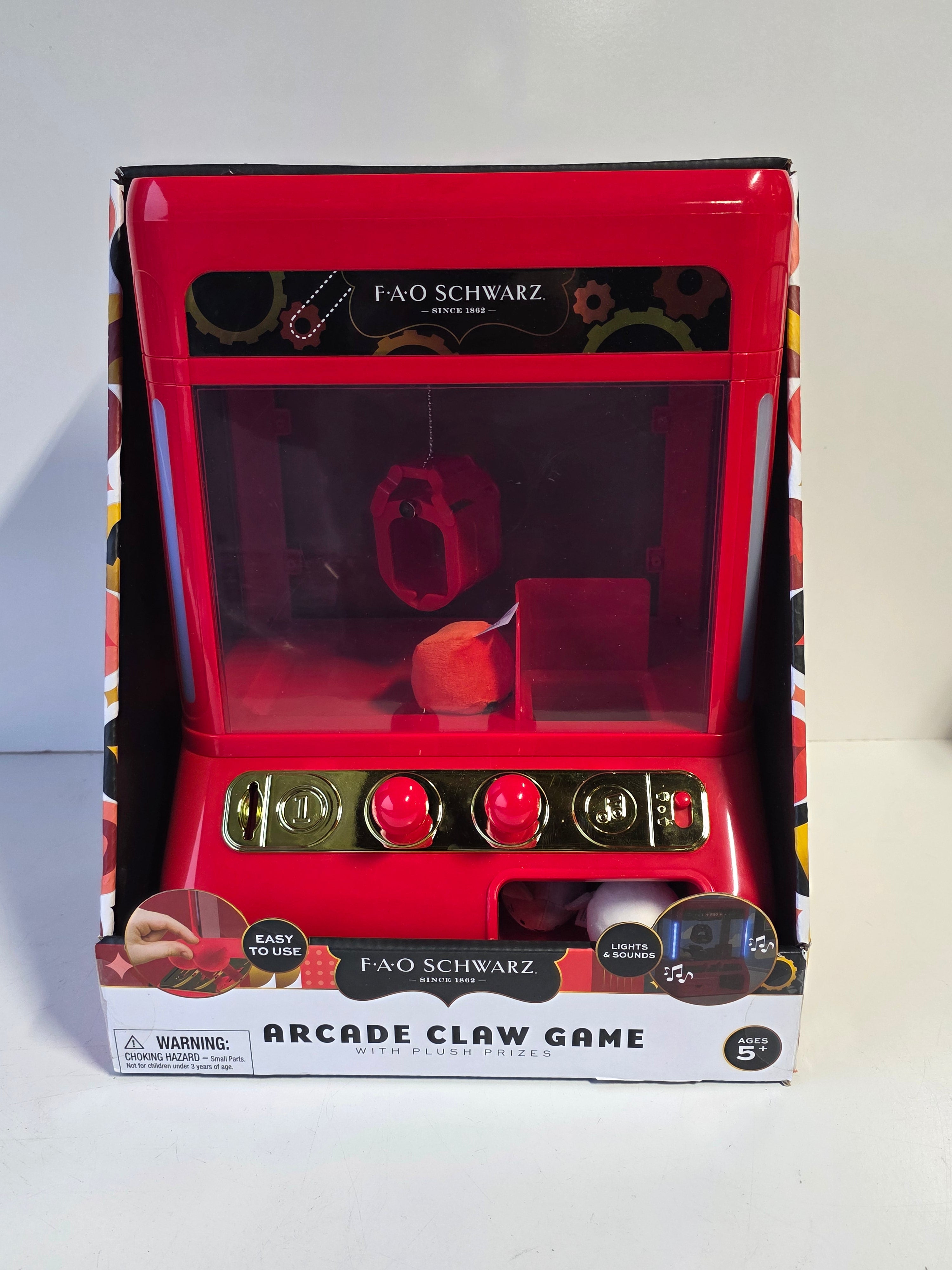FAO Schwarz Red Arcade Claw Machine Toy Collectible Plush Prize Game Lights Sounds Set