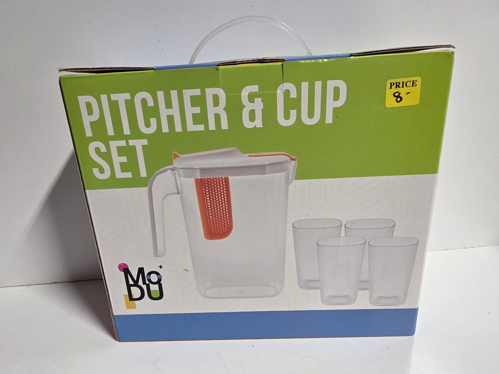 MoDU Pitcher and Cup Set Clear Plastic Beverage Server with Infuser and 4 Drink Cups