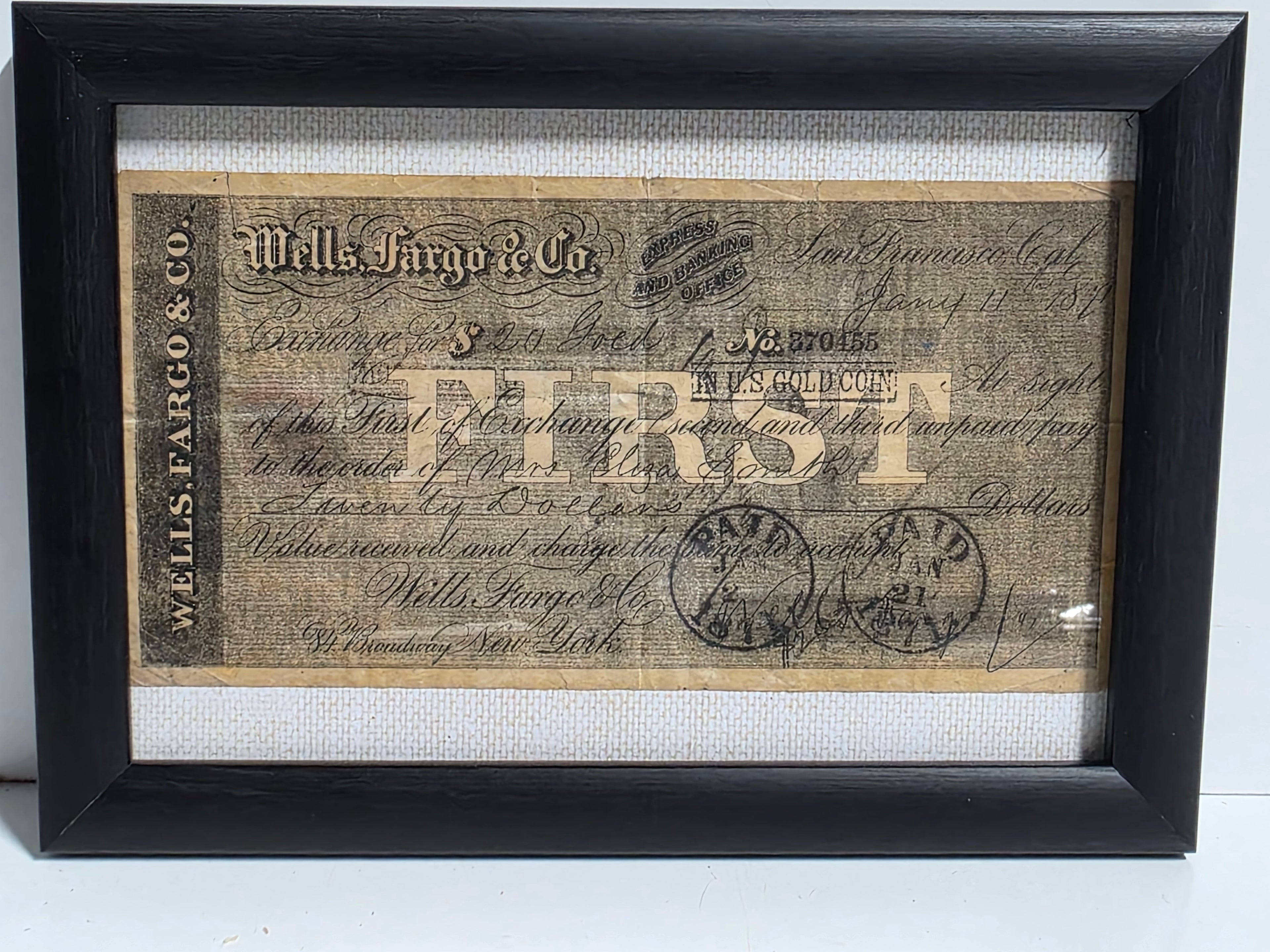 Vintage 1871 Wells Fargo & Co. Express Draft Framed Historical Banking Ephemera Collectible